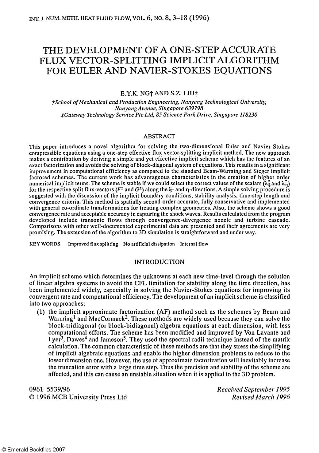 The Development of a One-Step Accurate Flux Vector-Splitting Implicit Algorithm for Euler and Navier-Stokes Equations by E.Y.K. Ng & S.Z. Liu