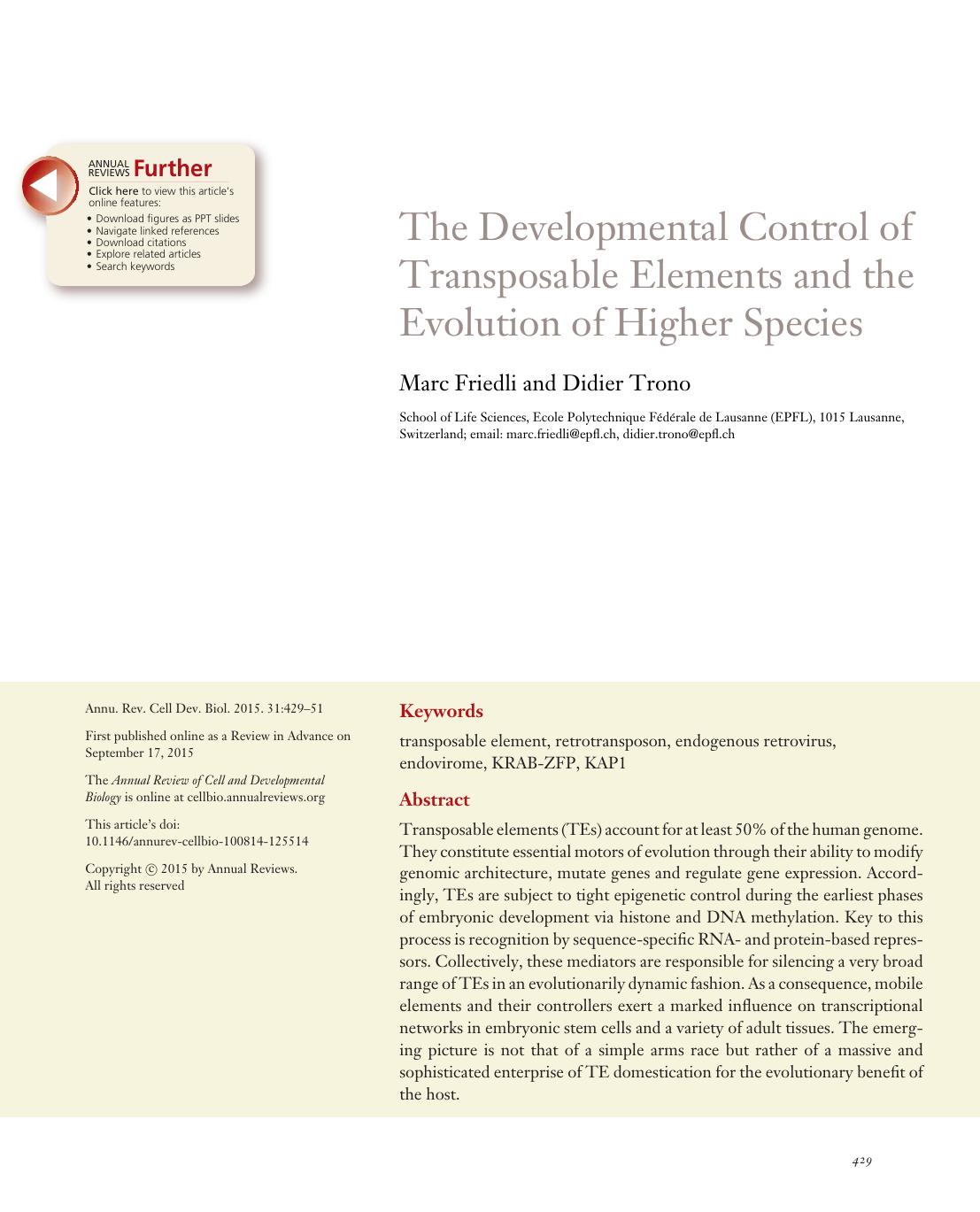 The Developmental Control of Transposable Elements and the Evolution of Higher Species by Marc Friedli and Didier Trono