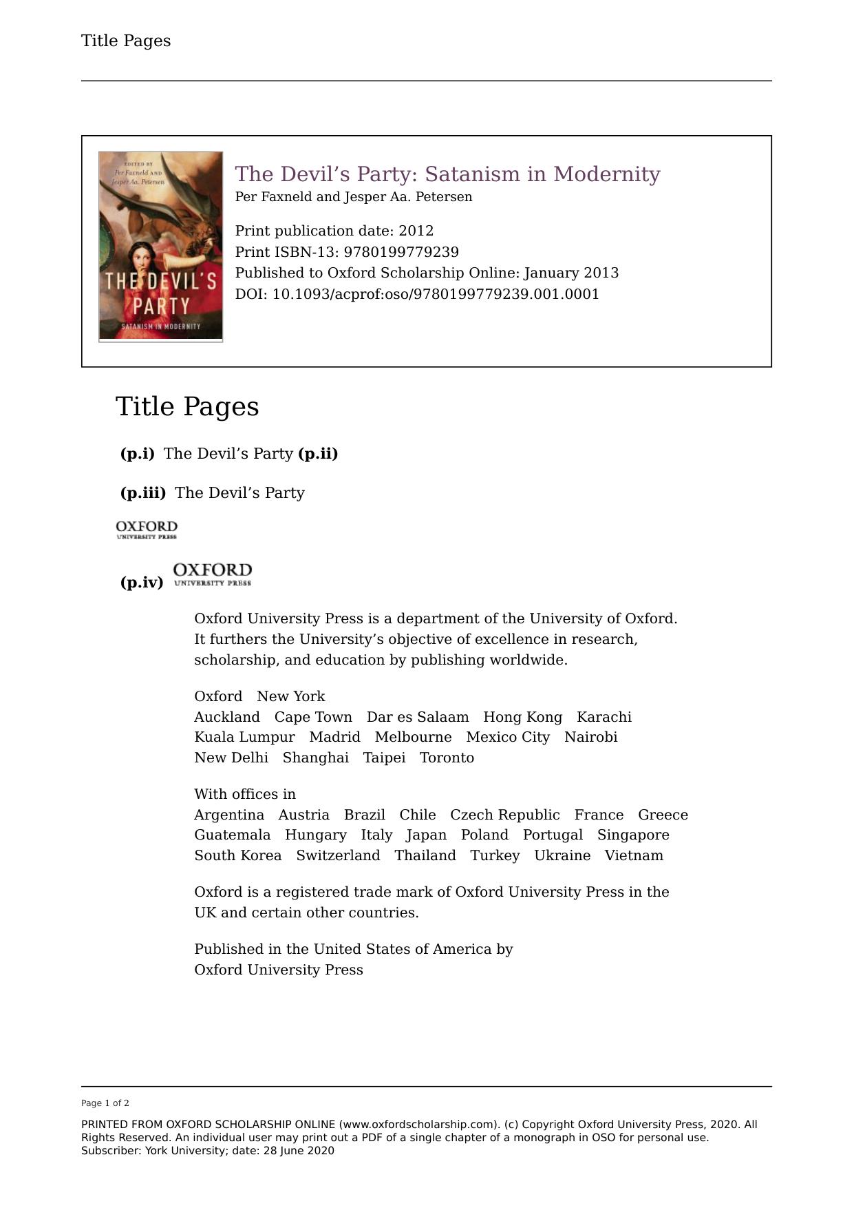 The Devil's Party: Satanism in Modernity by Per Faxneld (editor) Jesper Aa. Petersen (editor)