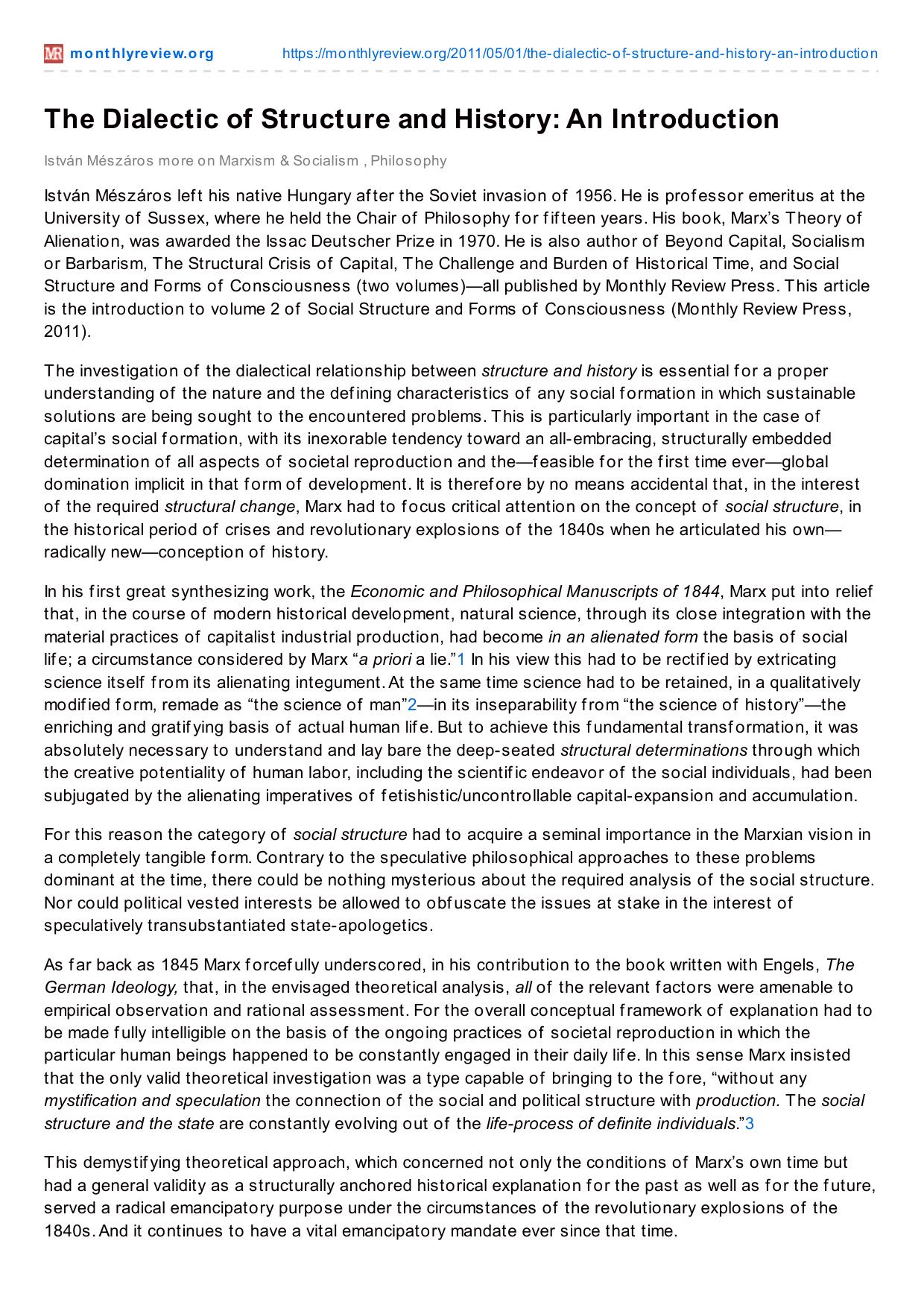 The Dialectic of Structure and History: An Introduction by An Introduction