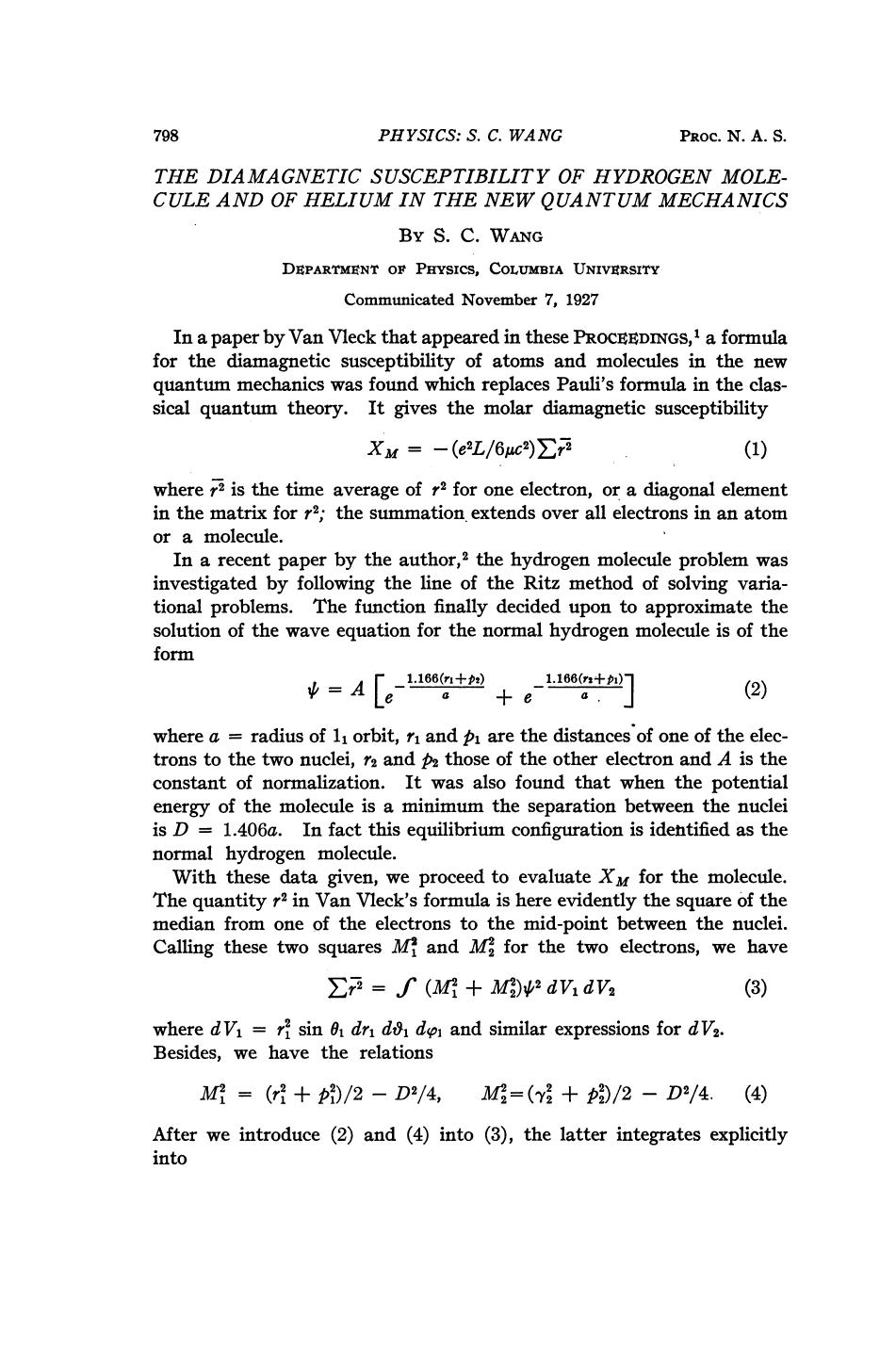 The Diamagnetic Susceptibility of Hydrogen Molecule and of Helium in the New Quantum Mechanics by Wang S. C