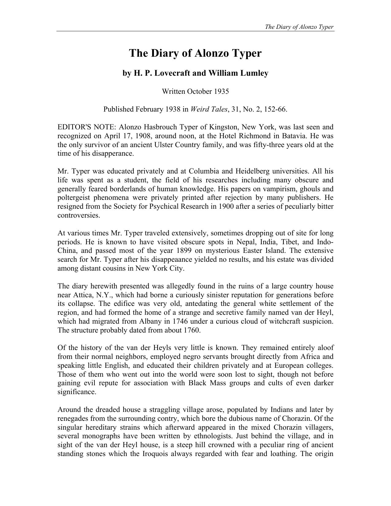 The Diary of Alonzo Typer by H. P. Lovecraft & William Lumley