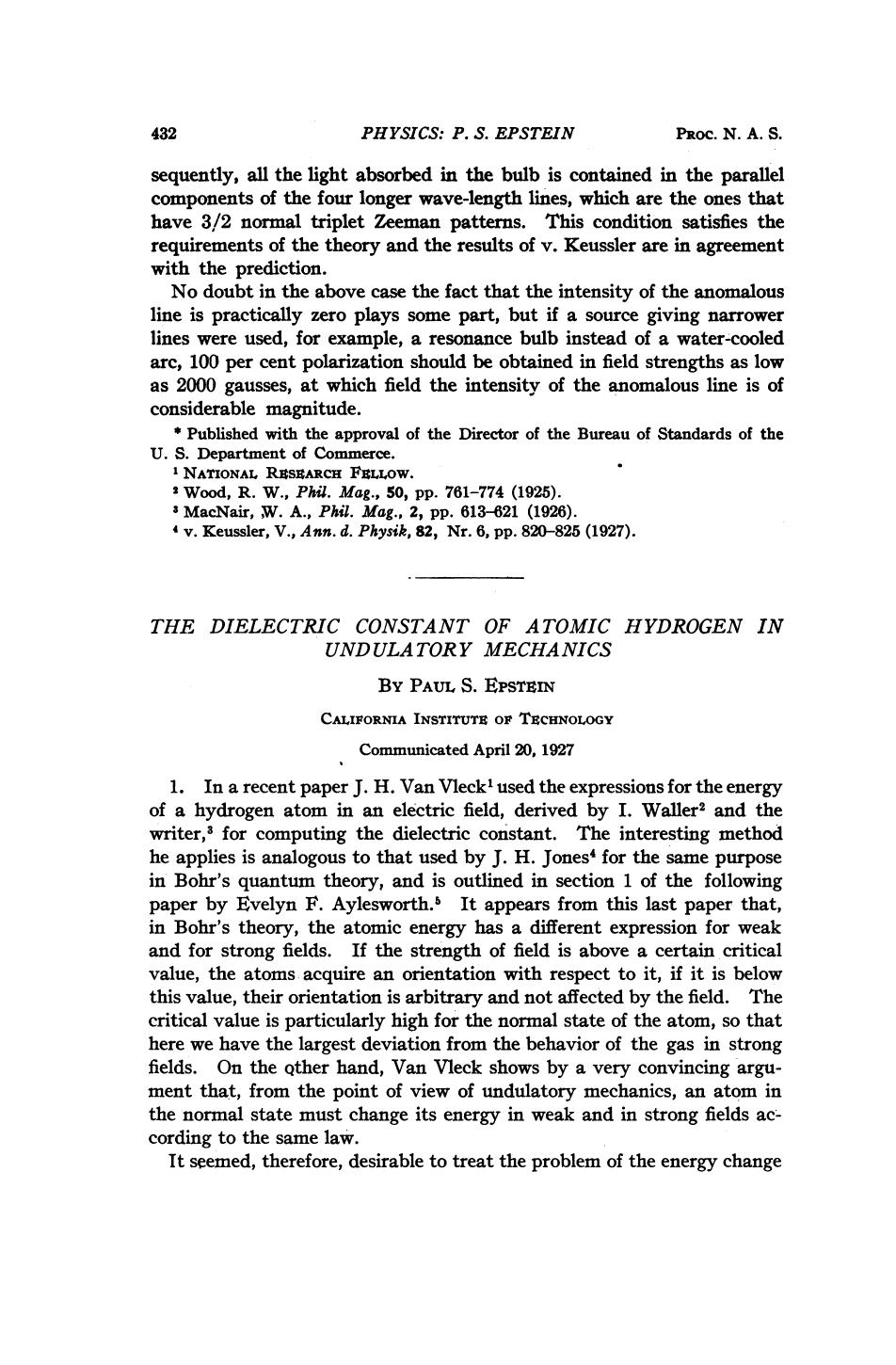The Dielectric Constant of Atomic Hydrogen in Undulatory Mechanics by Epstein P. S