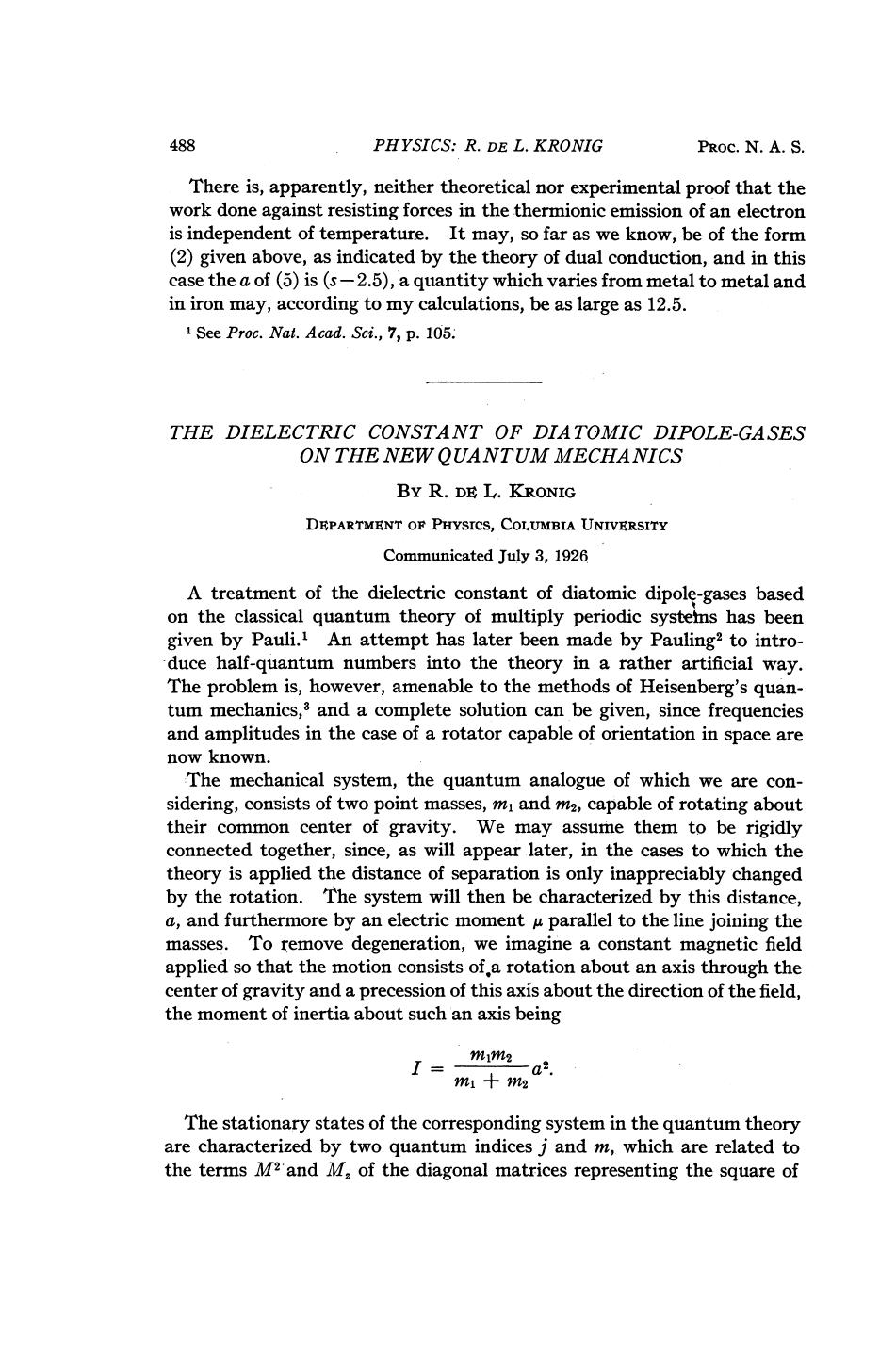 The Dielectric Constant of Diatomic Dipole-Gases on the New Quantum Mechanics by Kronig R. L