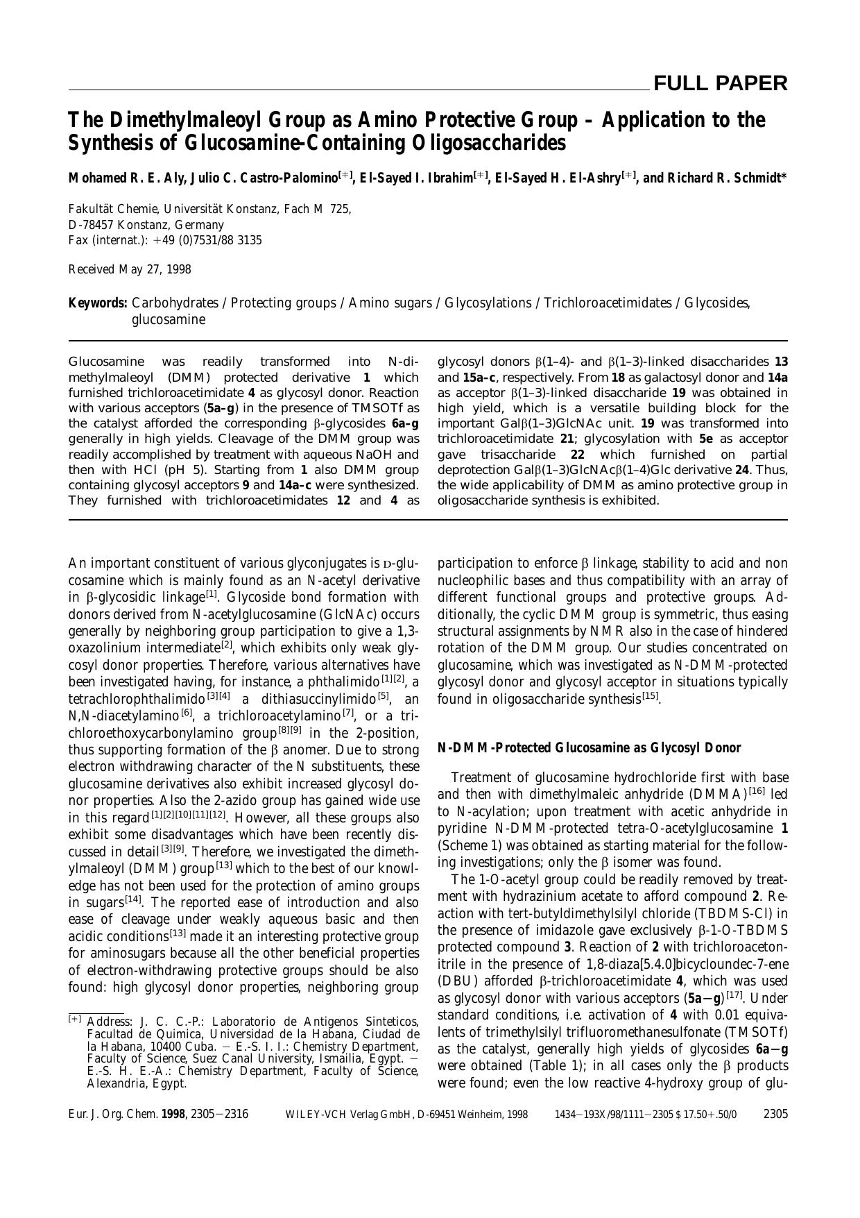 The Dimethylmaleoyl Group as Amino Protective Group - Application to the Synthesis of Glucosamine-Containing Oligosaccharides by Unknown