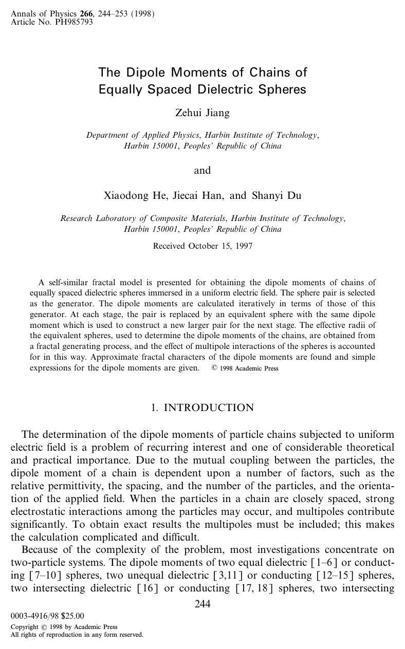 The Dipole Moments of Chains of Equally Spaced Dielectric Spheres by Jiang Z. et al