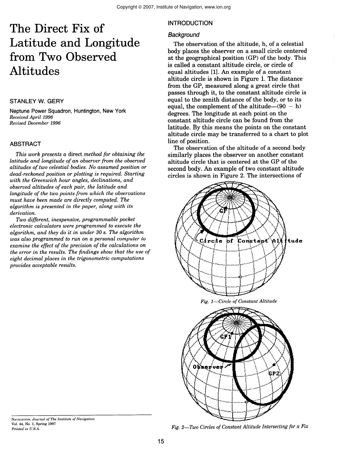 The Direct Fix of Latitude and Longitude from Two Observed Altitudes by STANLEY W. GERY