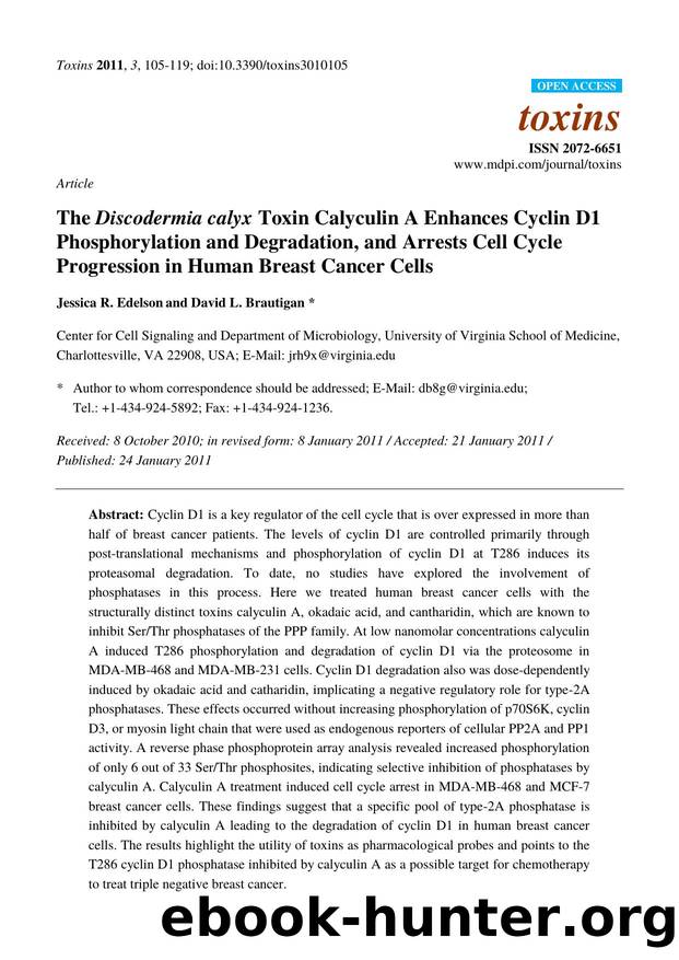 The Discodermia calyx Toxin Calyculin A Enhances Cyclin D1 Phosphorylation and Degradation, and Arrests Cell Cycle Progression in Human Breast Cancer Cells by Jessica R. Edelson & David L. Brautigan
