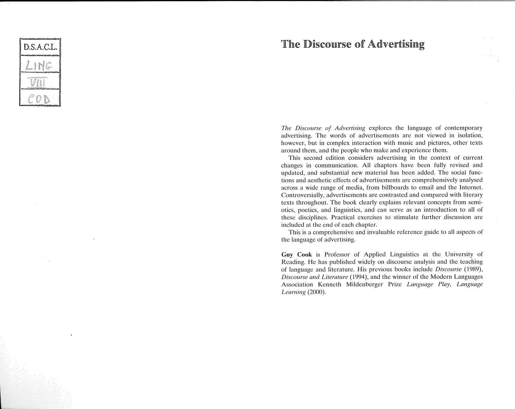 The Discourse of Advertising (Interface (London, England).) by Guy Cook