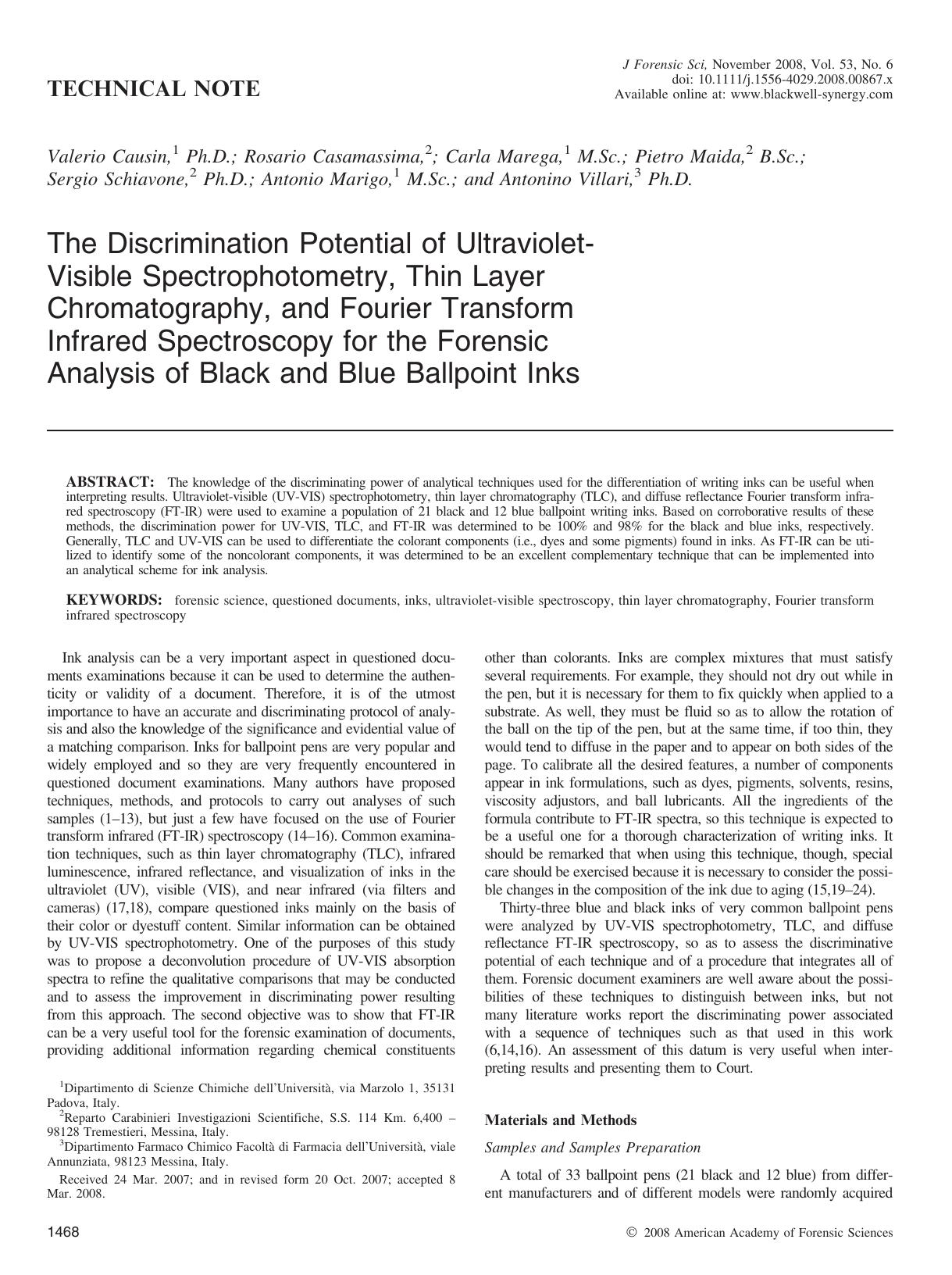 The Discrimination Potential of Ultraviolet-Visible Spectrophotometry, Thin Layer Chromatography, and Fourier Transform Infrared Spectroscopy for the Forensic Analysis of Black and Blue Ballpoint Inks by Unknown