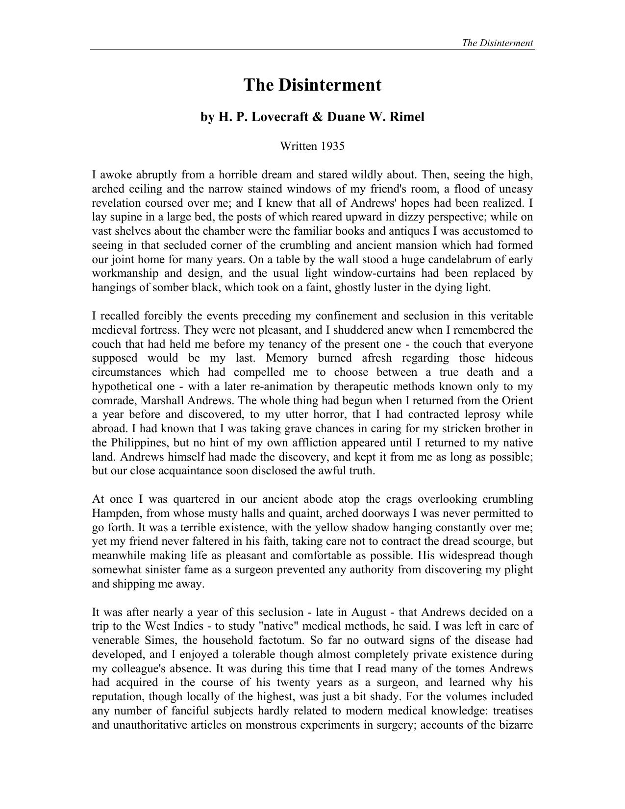 The Disinterment by H. P. Lovecraft & Duane W. Rimel