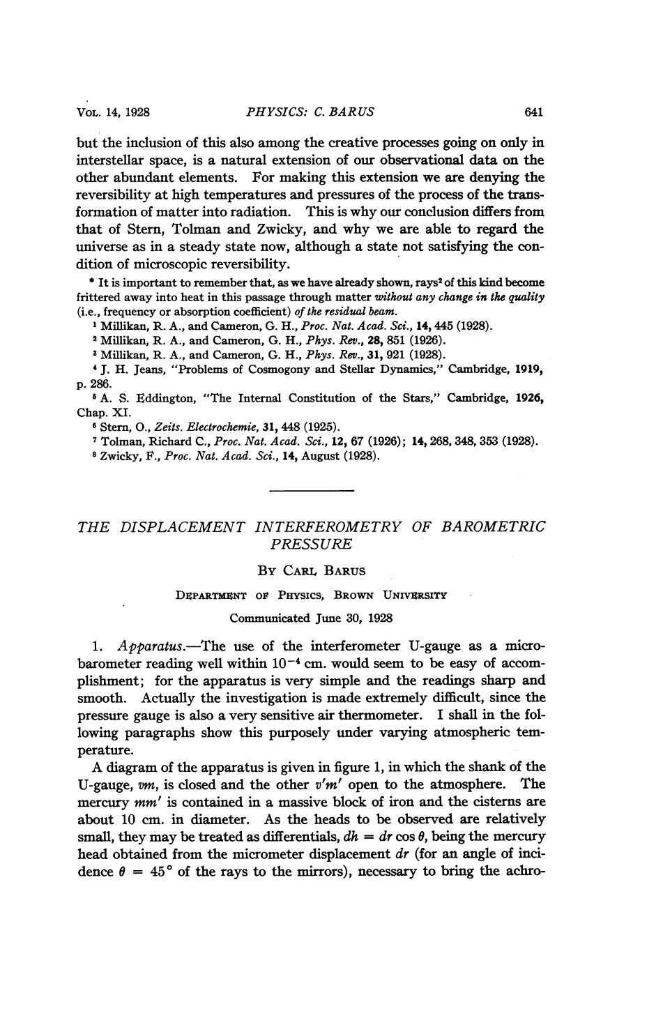 The Displacement Interferometry of Barometric Pressure by Barus C