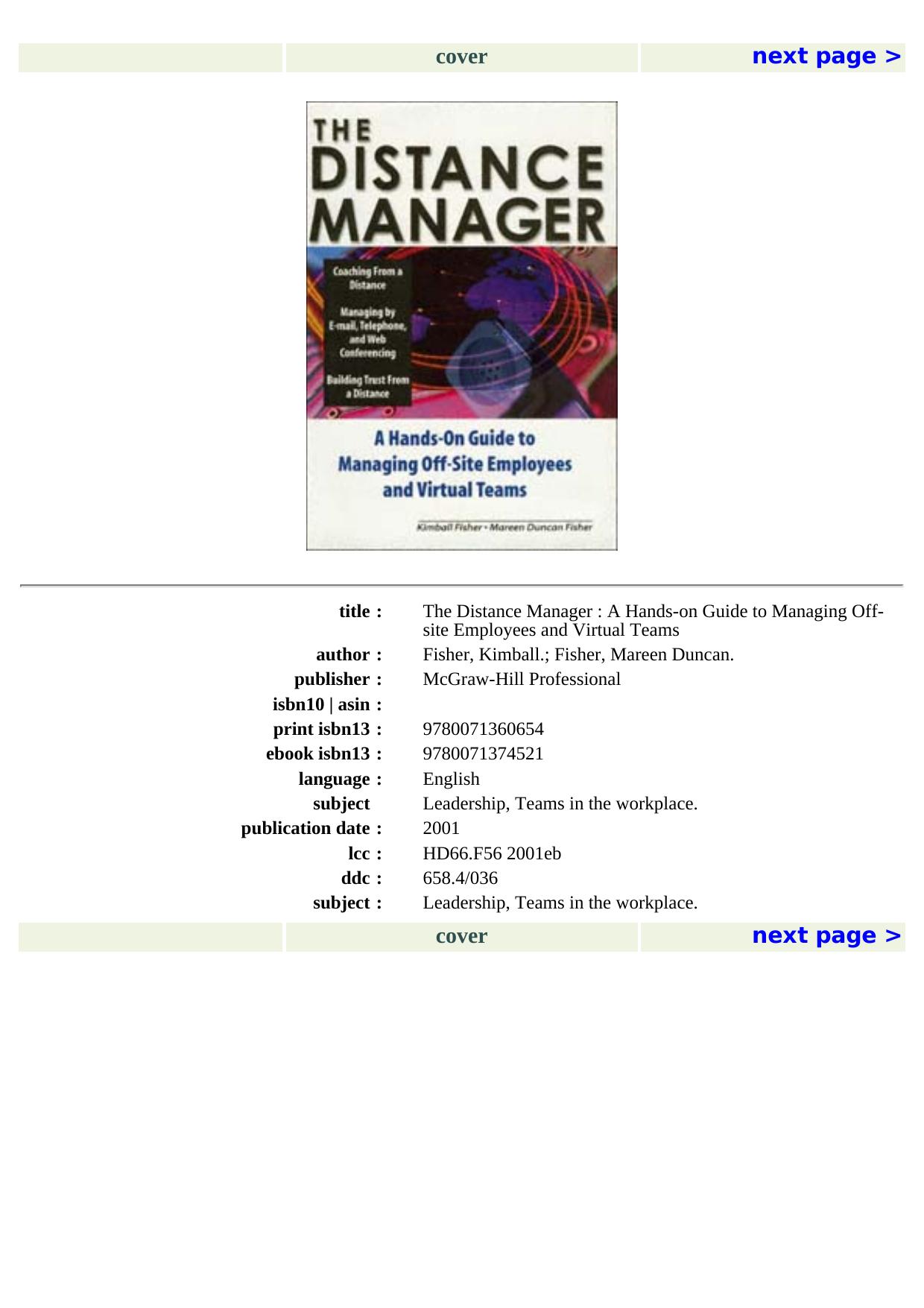The Distance Manager: A Hands On Guide to Managing Off-Site Employees and Virtual Teams by Kimball Fisher Mareen Fisher
