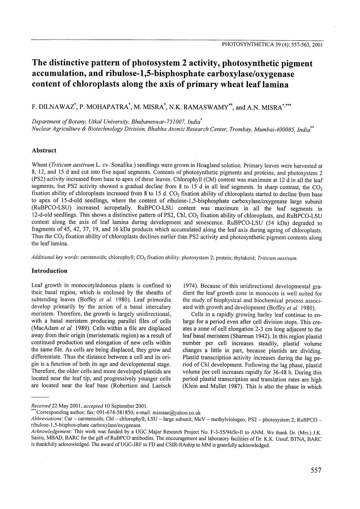 The Distinctive Pattern of Photosystem 2 Activity, Photosynthetic Pigment Accumulation, and Ribulose-1,5-Bisphosphate CarboxylaseOxygenase Content of Chloroplasts along the Axis of by Unknown