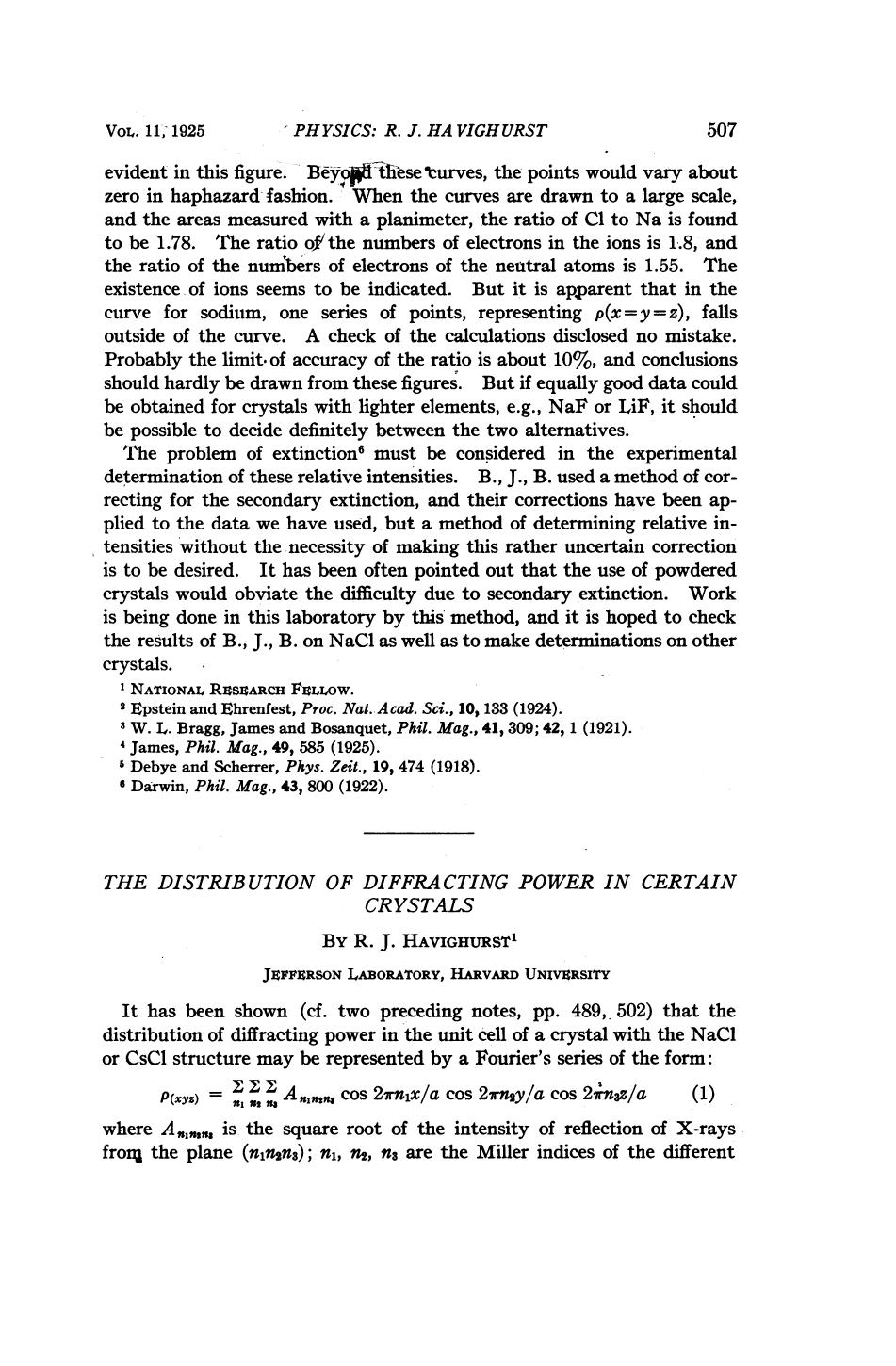 The Distribution of Diffracting Power in Certain Crystals by Huvighurst R.J