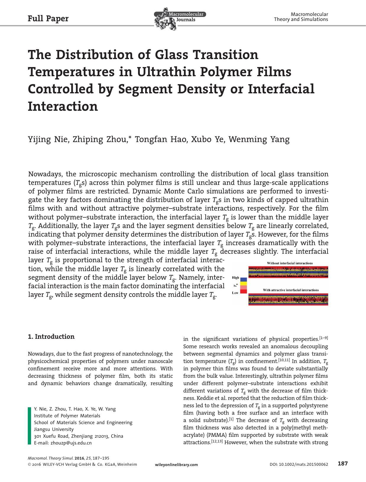 The Distribution of Glass Transition Temperatures in Ultrathin Polymer Films Controlled by Segment Density or Interfacial Interaction by Unknown