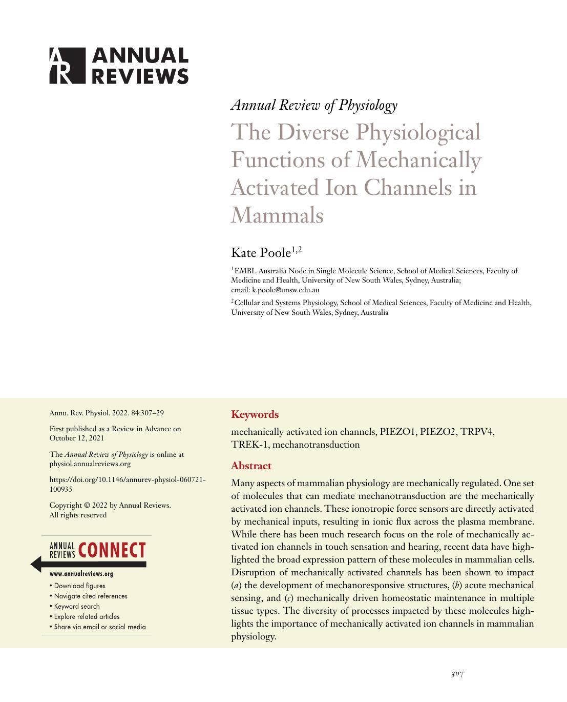 The Diverse Physiological Functions of Mechanically Activated Ion Channels in Mammals by Kate Poole