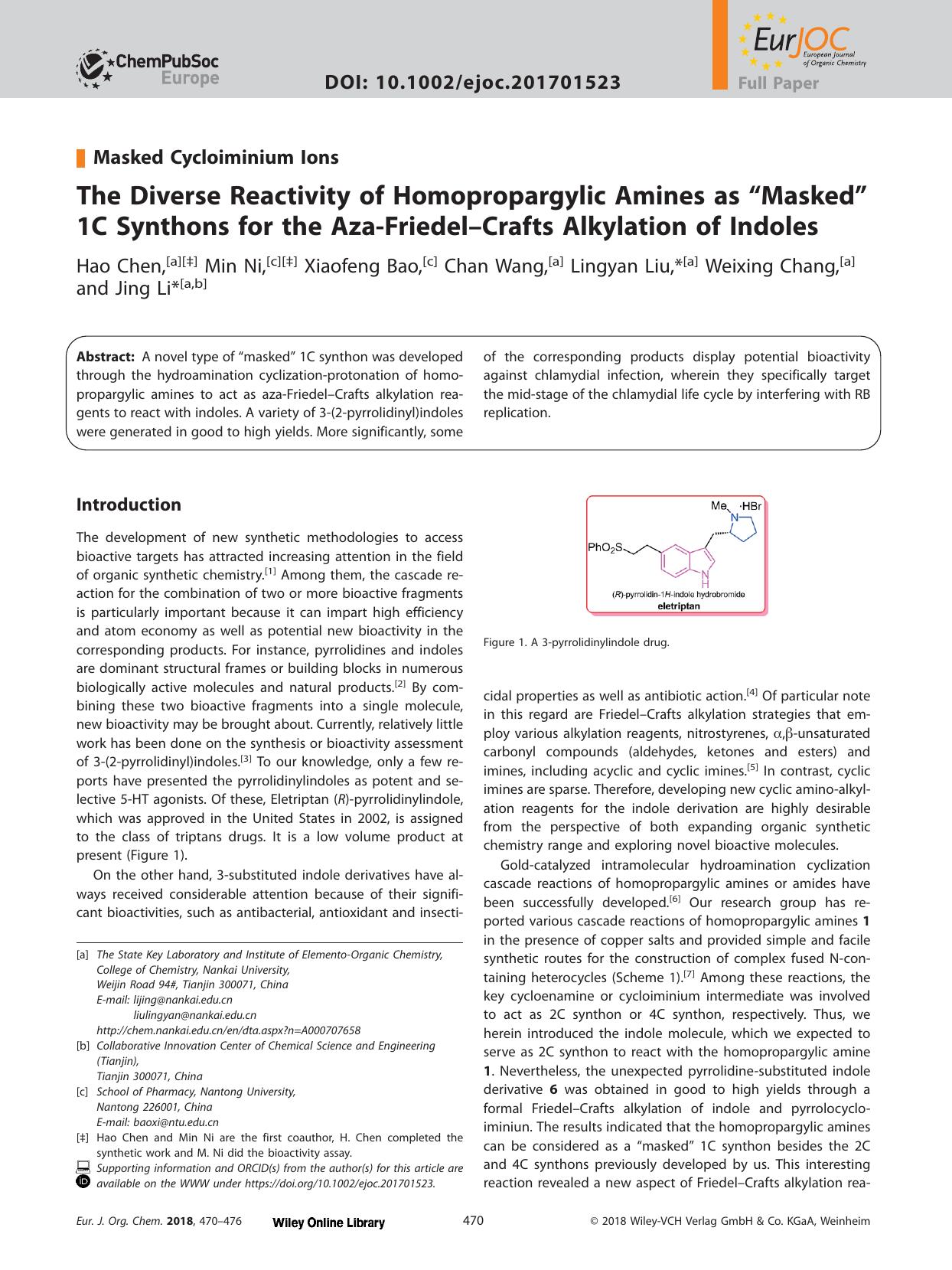 The Diverse Reactivity of Homopropargylic Amines as “Masked” 1C Synthons for the Aza‐Friedel–Crafts Alkylation of Indoles by Unknown