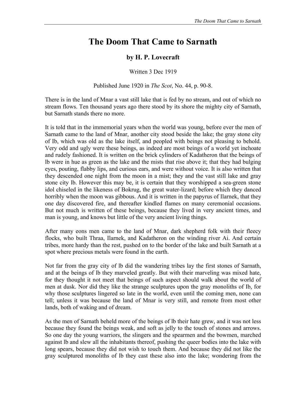 The Doom That Came to Sarnath by H. P. Lovecraft