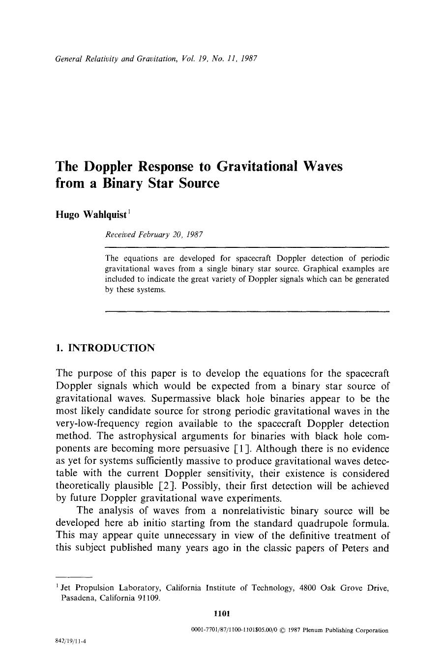 The Doppler response to gravitational waves from a binary star source by Unknown