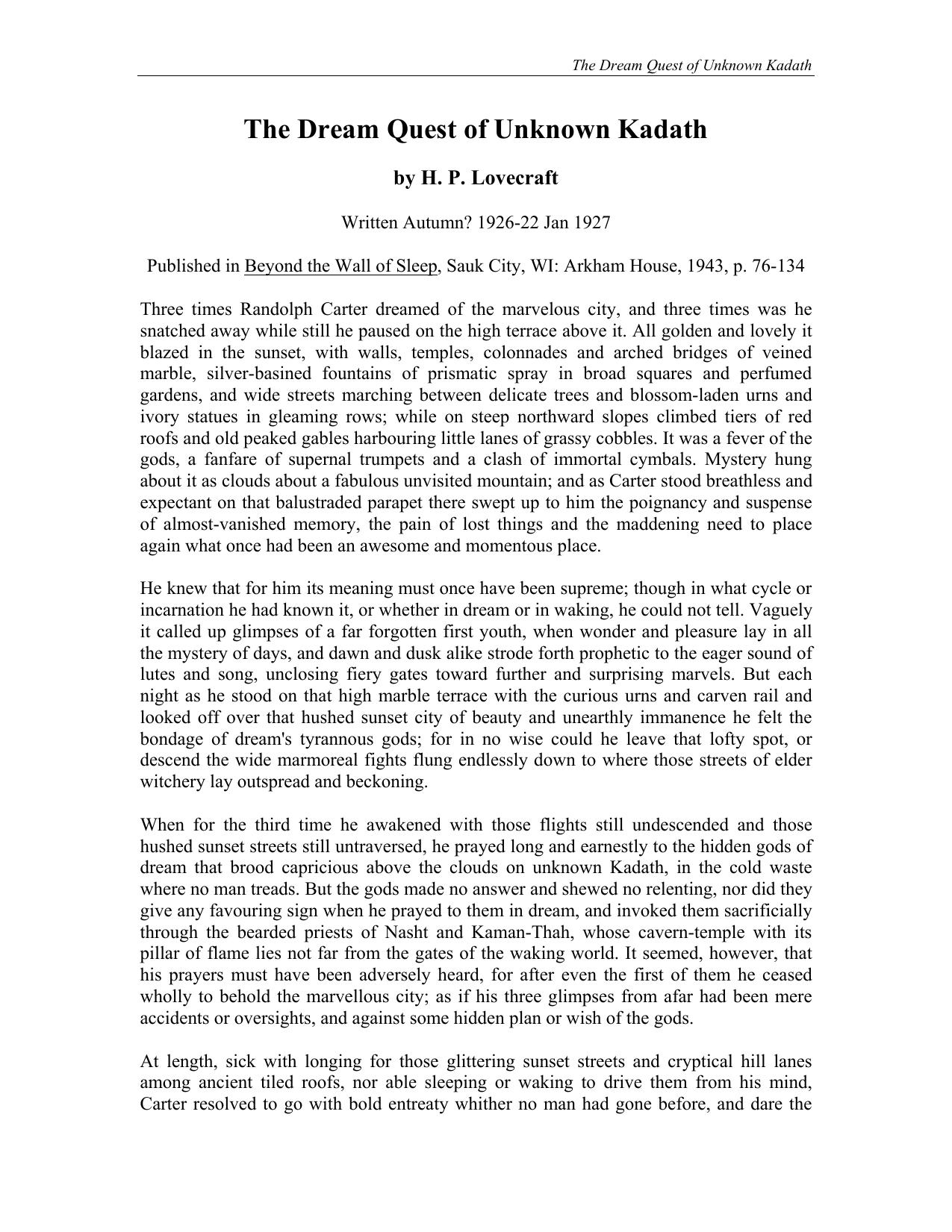 The Dream Quest of Unknown Kadath by H. P. Lovecraft