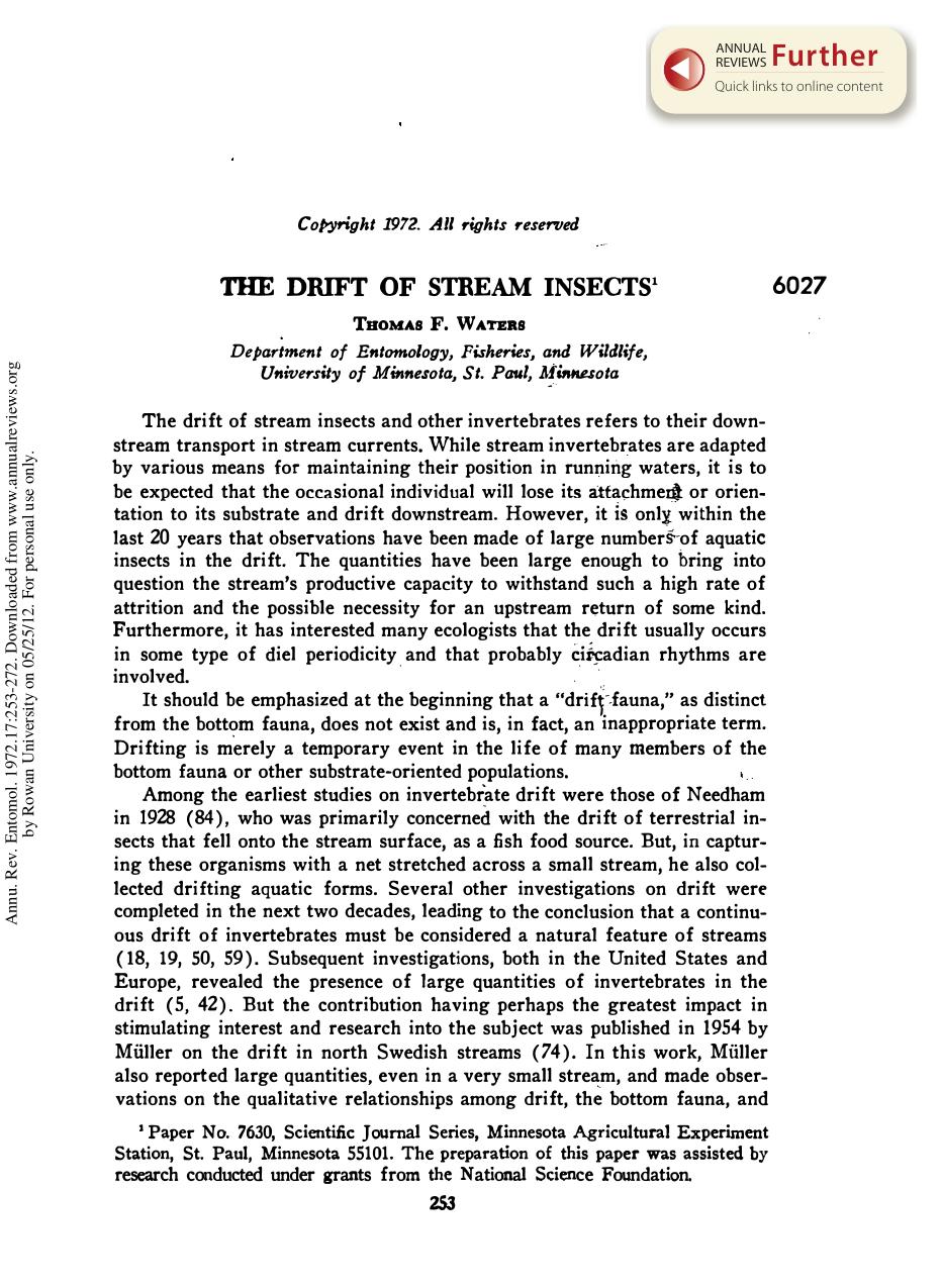 The Drift of Stream Insects by T F Waters