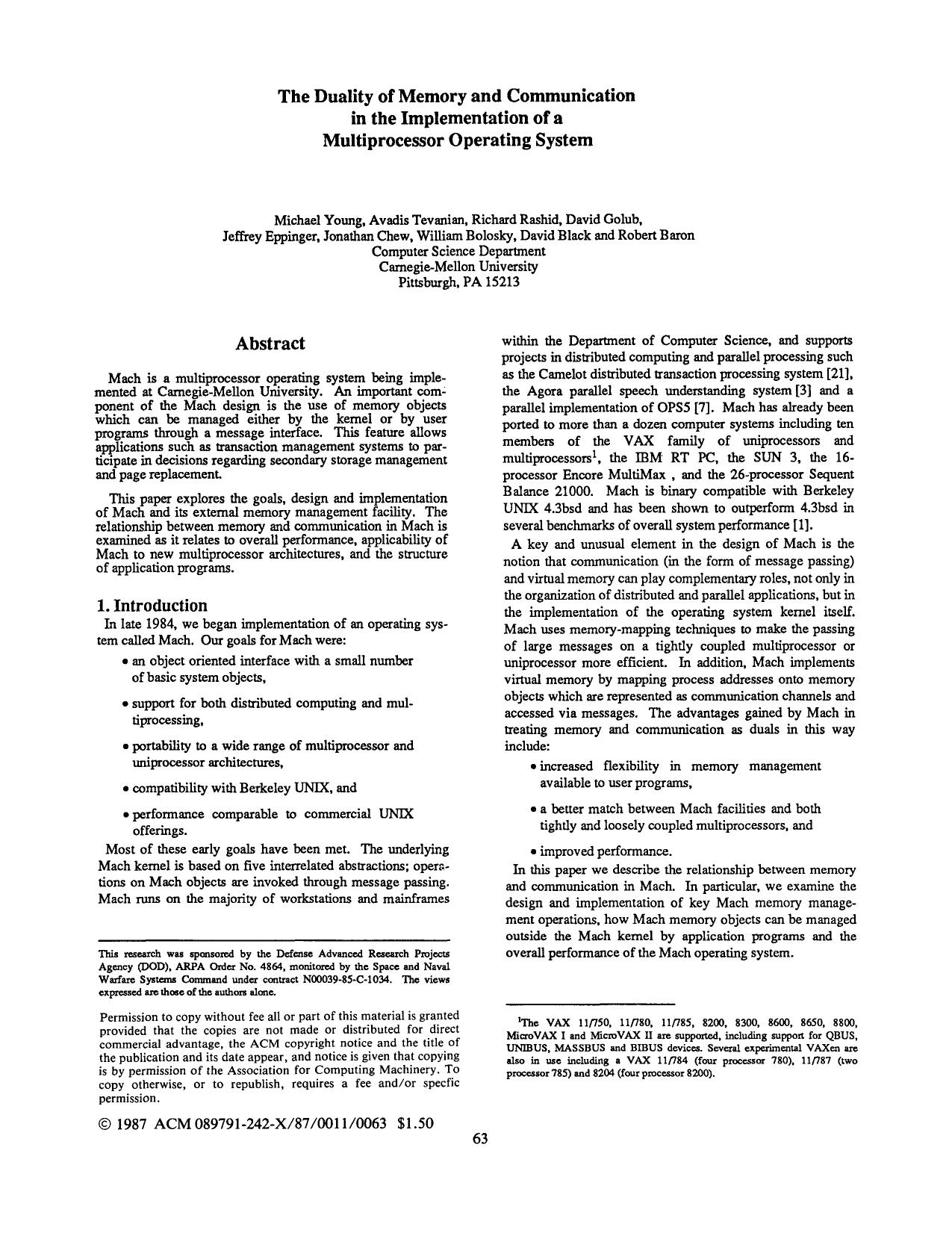 The Duality of Memory and Communication in the Implementation of a Multiprocessor Operating System p63-young by Unknown