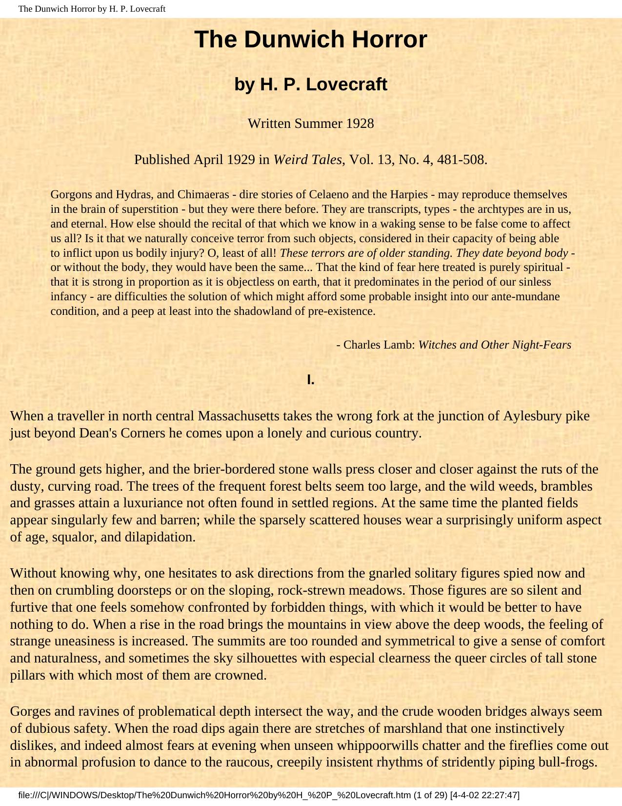 The Dunwich Horror by H. P. Lovecraft by Unknown