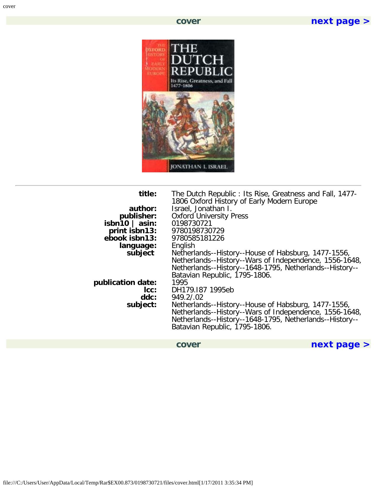 The Dutch Republic : Its Rise, Greatness, and Fall 1477-1806 (Oxford History of Early Modern Europe) by Jonathan Israel