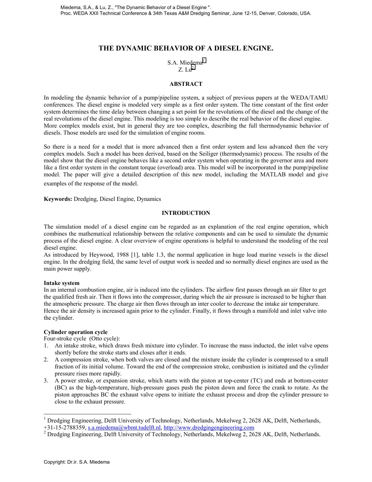 The Dynamic Behavior of a Diesel Engine by Miedema S.A. Lu Z