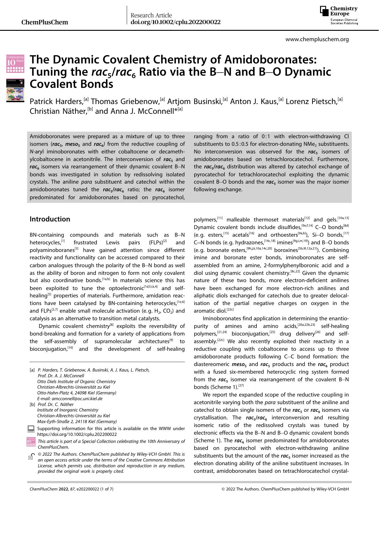 The Dynamic Covalent Chemistry of Amidoboronates: Tuning the rac5rac6 Ratio via the BâN and BâO Dynamic Covalent Bonds by Unknown