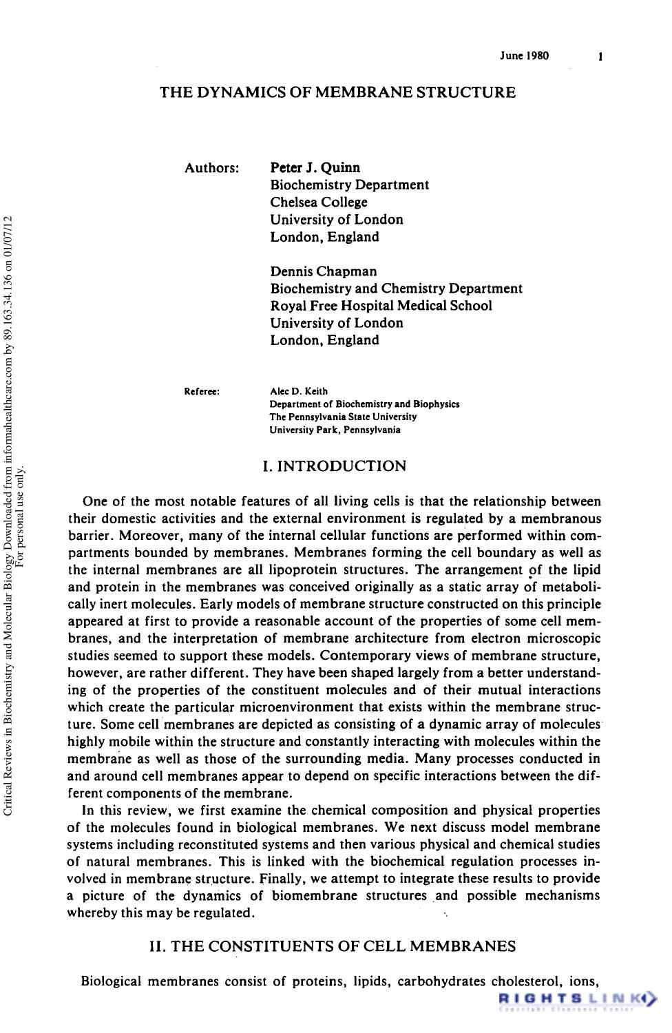 The Dynamics Of Membrane Structur by Peter J. Quinn Dennis Chapman & Alec D. Keith