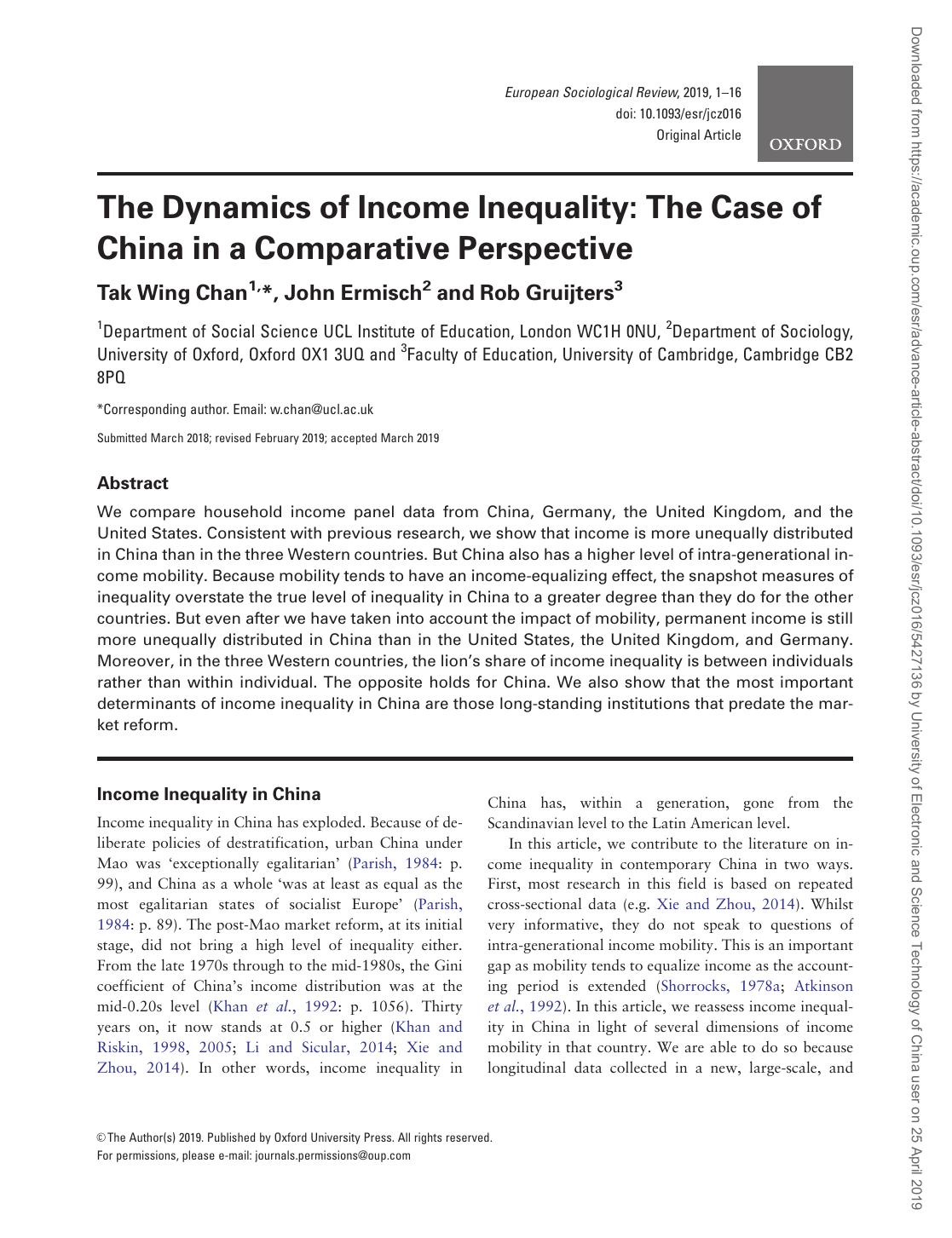The Dynamics of Income Inequality The Case of China in a Comparative Perspective by Tak Wing Chan John Ermisch Rob Gruijters
