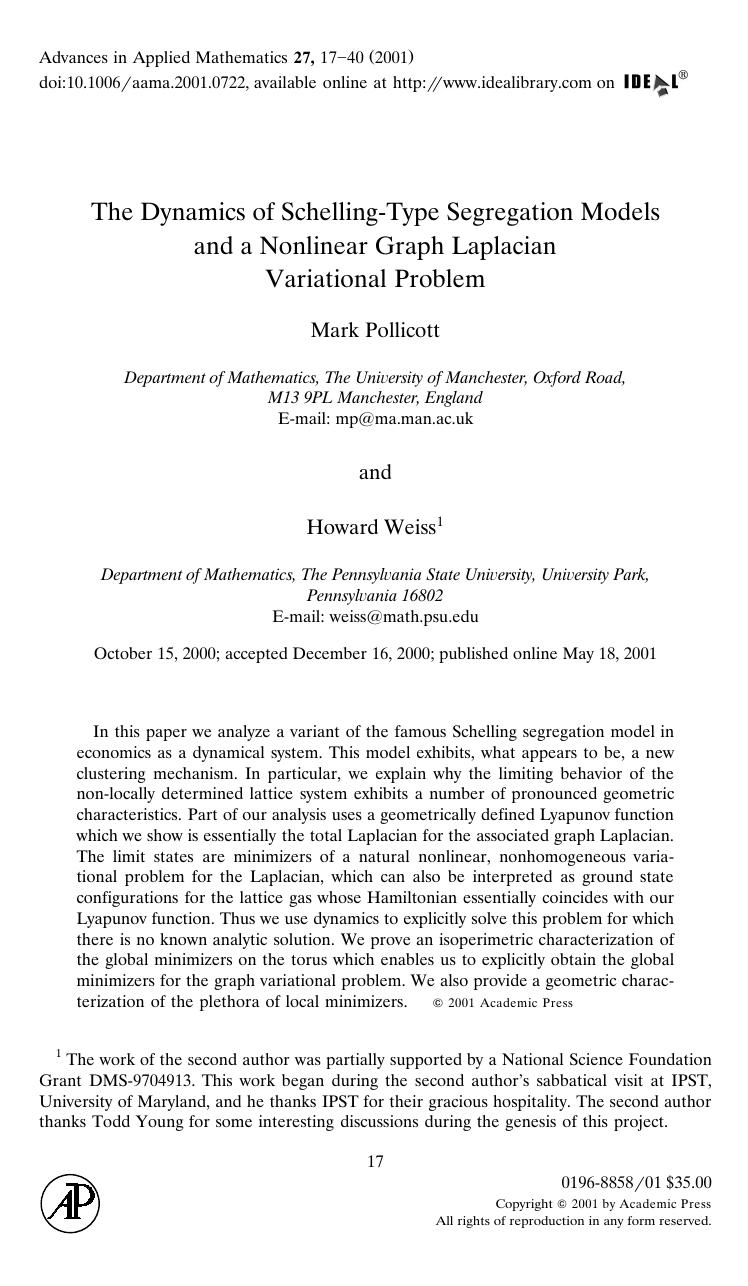 The Dynamics of Schelling-Type Segregation Models and a Nonlinear Graph Laplacian Variational Problem by Pollicott M. et al