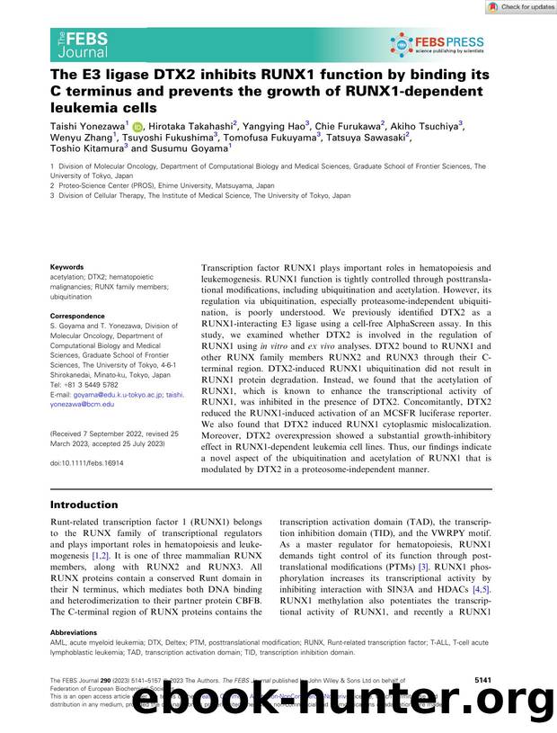 The E3 ligase DTX2 inhibits RUNX1 function by binding its C terminus and prevents the growth of RUNX1âdependent leukemia cells by Unknown