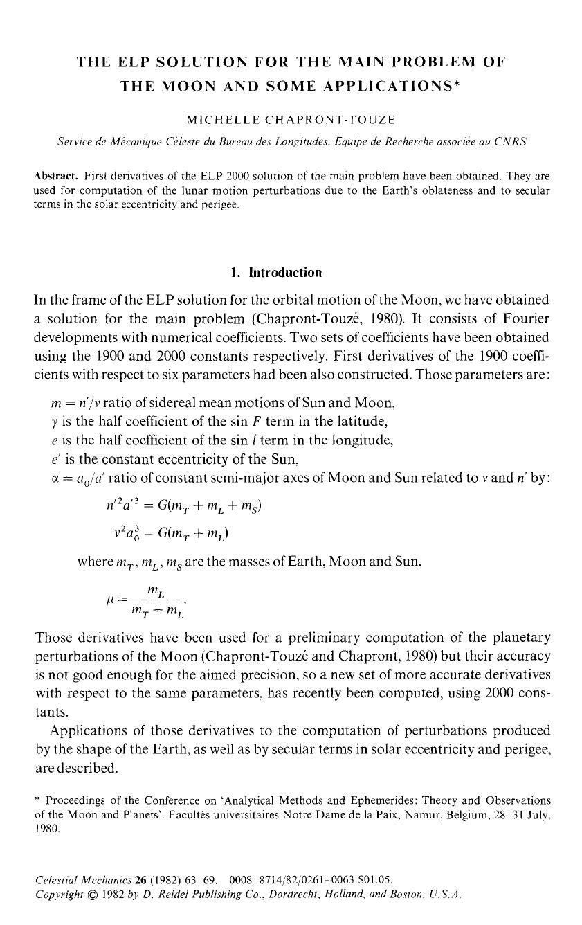 The ELP solution for the main problem of the moon and some applications by Unknown