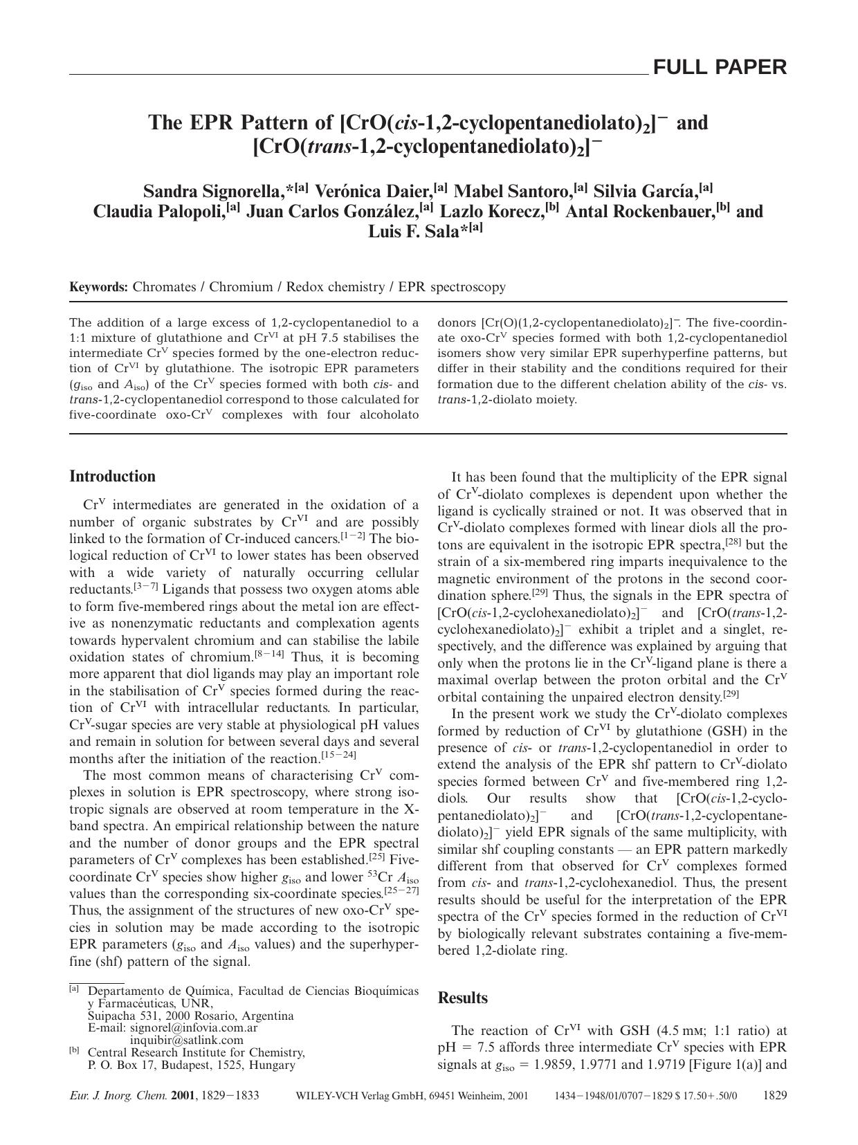 The EPR Pattern of [CrO(cis-1,2-cyclopentanediolato)2]- and [CrO(trans-1,2-cyclopentanediolato)2]- by Unknown
