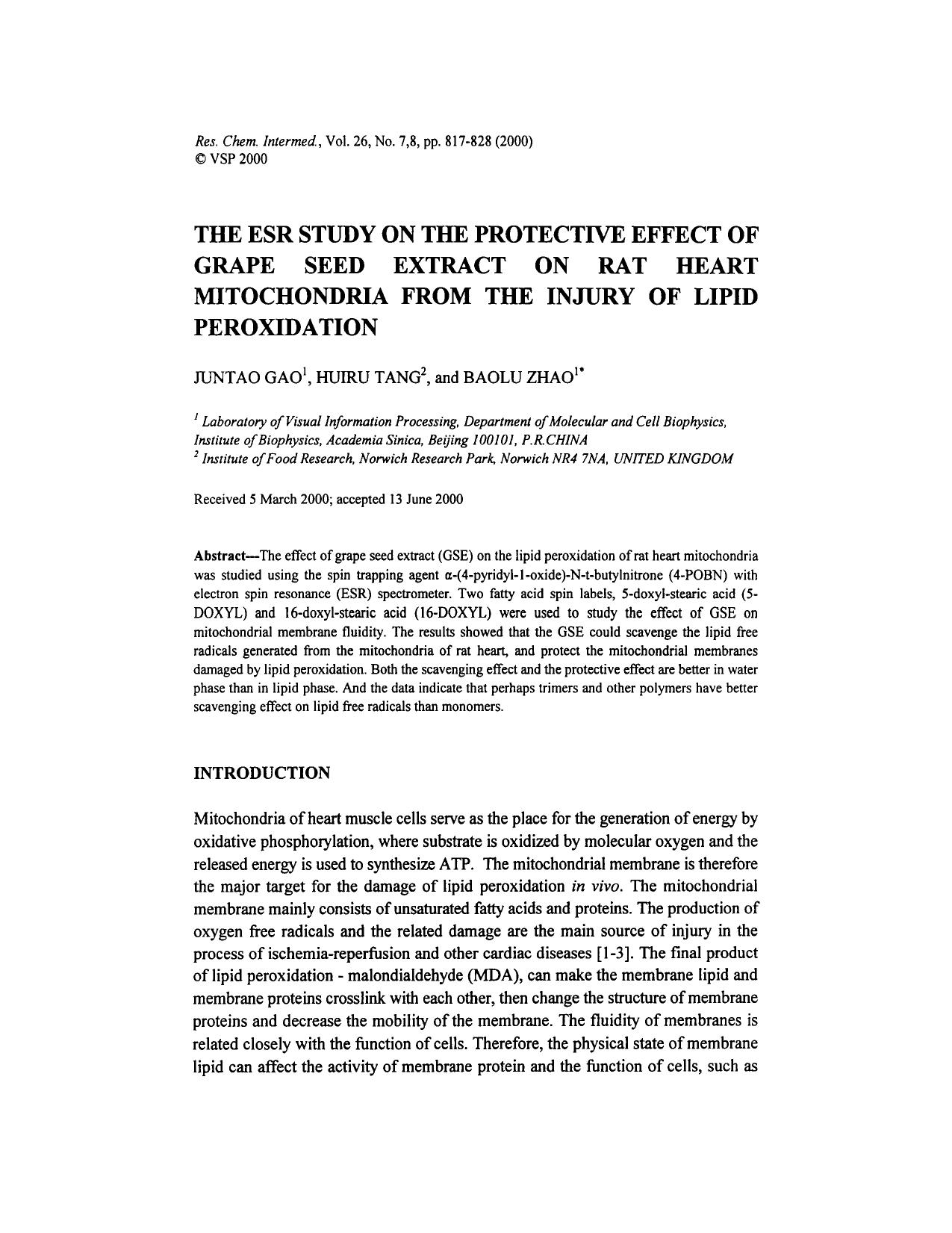 The ESR study on the protective effect of grape seed extract on rat heart mitochondria from the injury of lipid peroxidation by Unknown