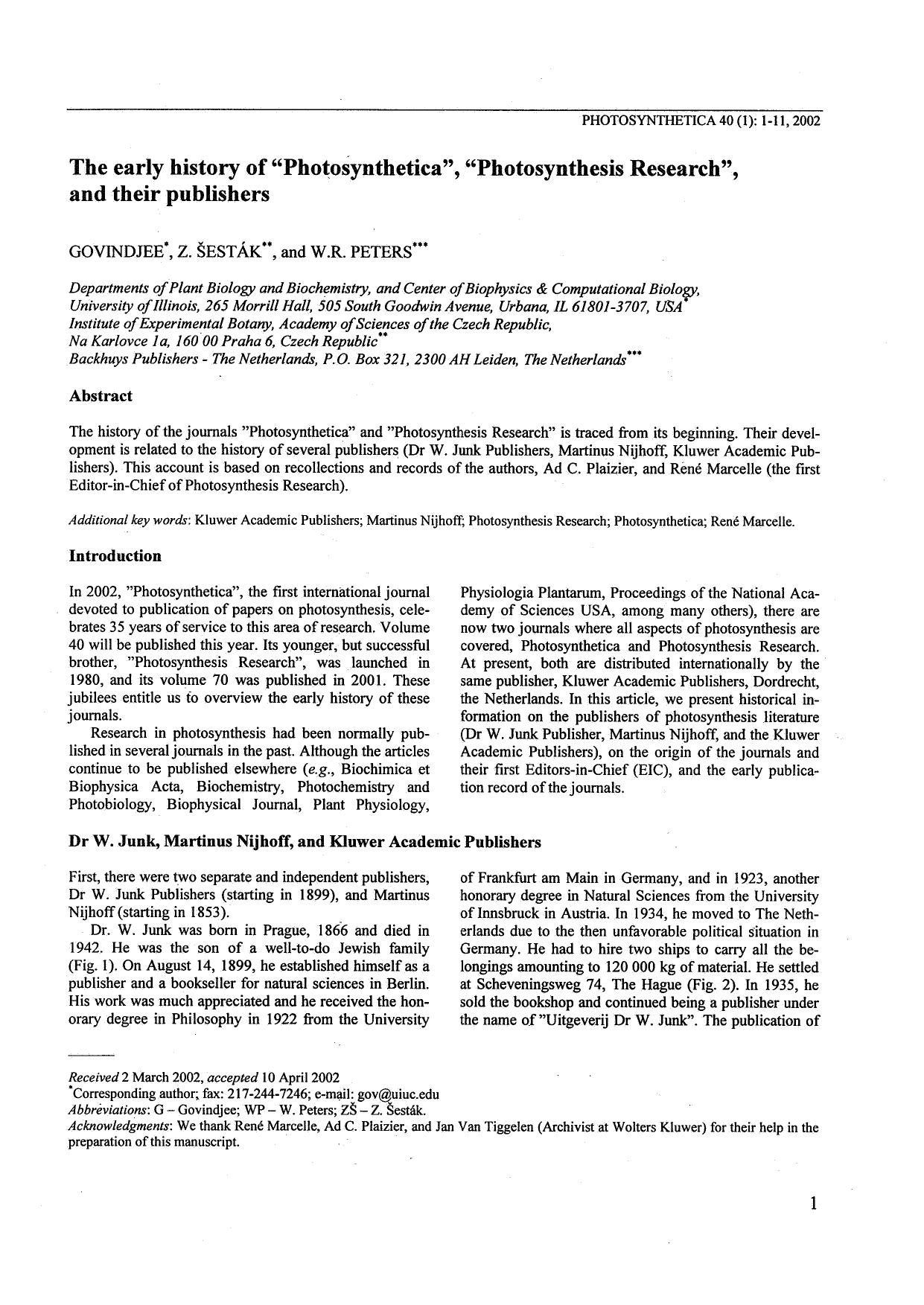 The Early History of “Photosynthetica”, “Photosynthesis Research”, and their Publishers by Unknown