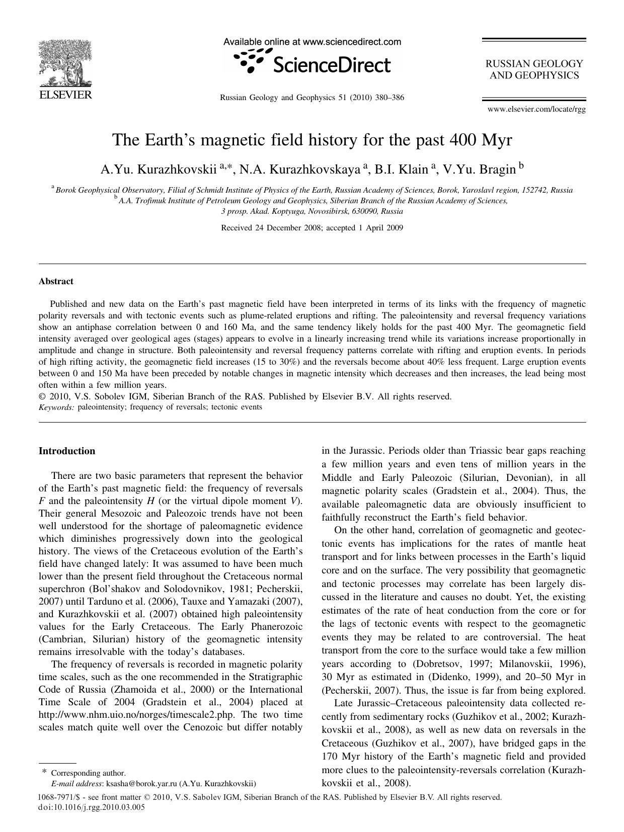 The Earthâs magnetic field history for the past 400 Myr by A.Yu. Kurazhkovskii; N.A. Kurazhkovskaya; B.I. Klain; V.Yu. Bragin