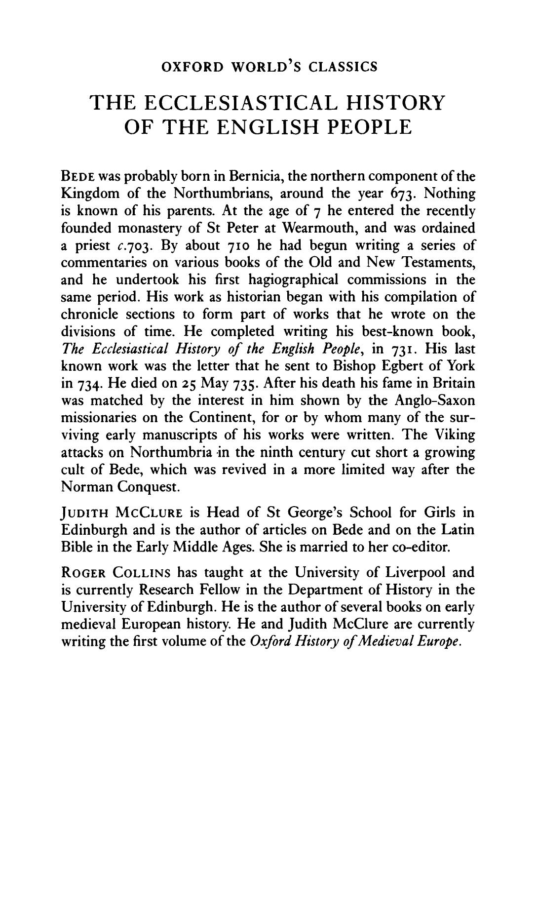 The Ecclesiastical History of the English People/The Greater Chronicle/Letter to Egbert by Bede; Roger Collins; Judith McClure