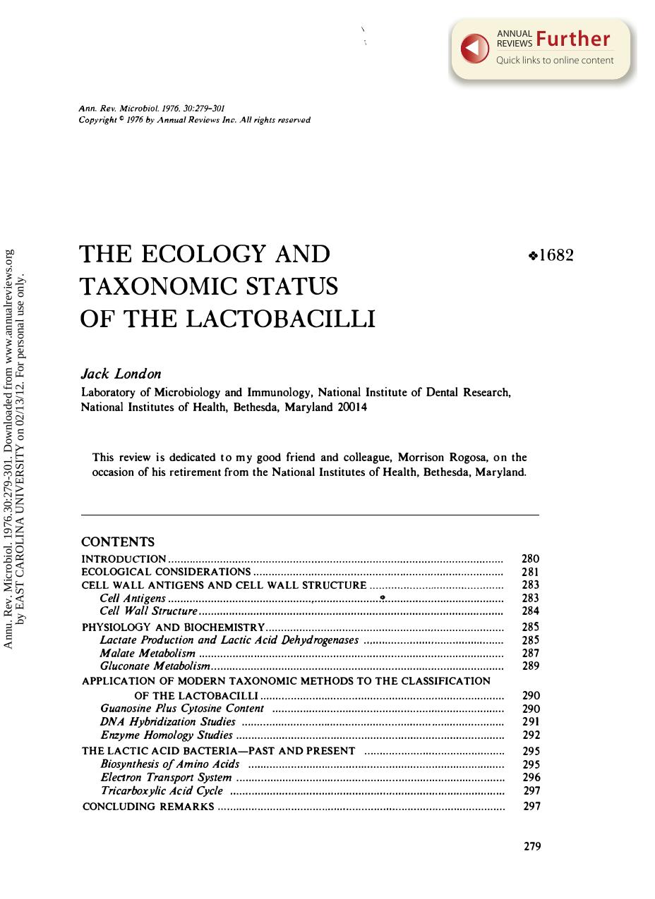 The Ecology and Taxonomic Status of the Lactobacilli by J London