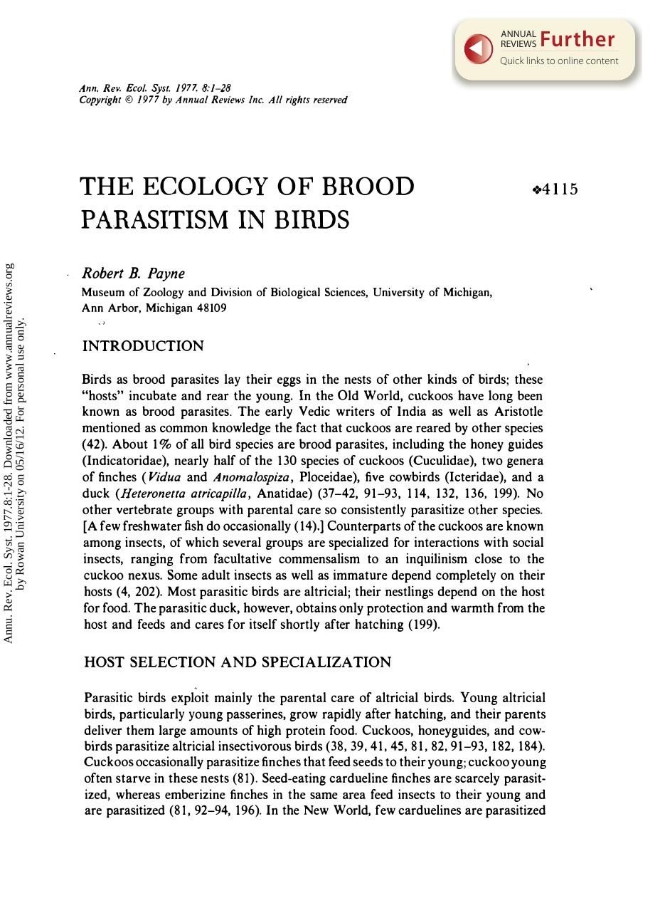 The Ecology of Brood Parasitism in Birds by R B Payne