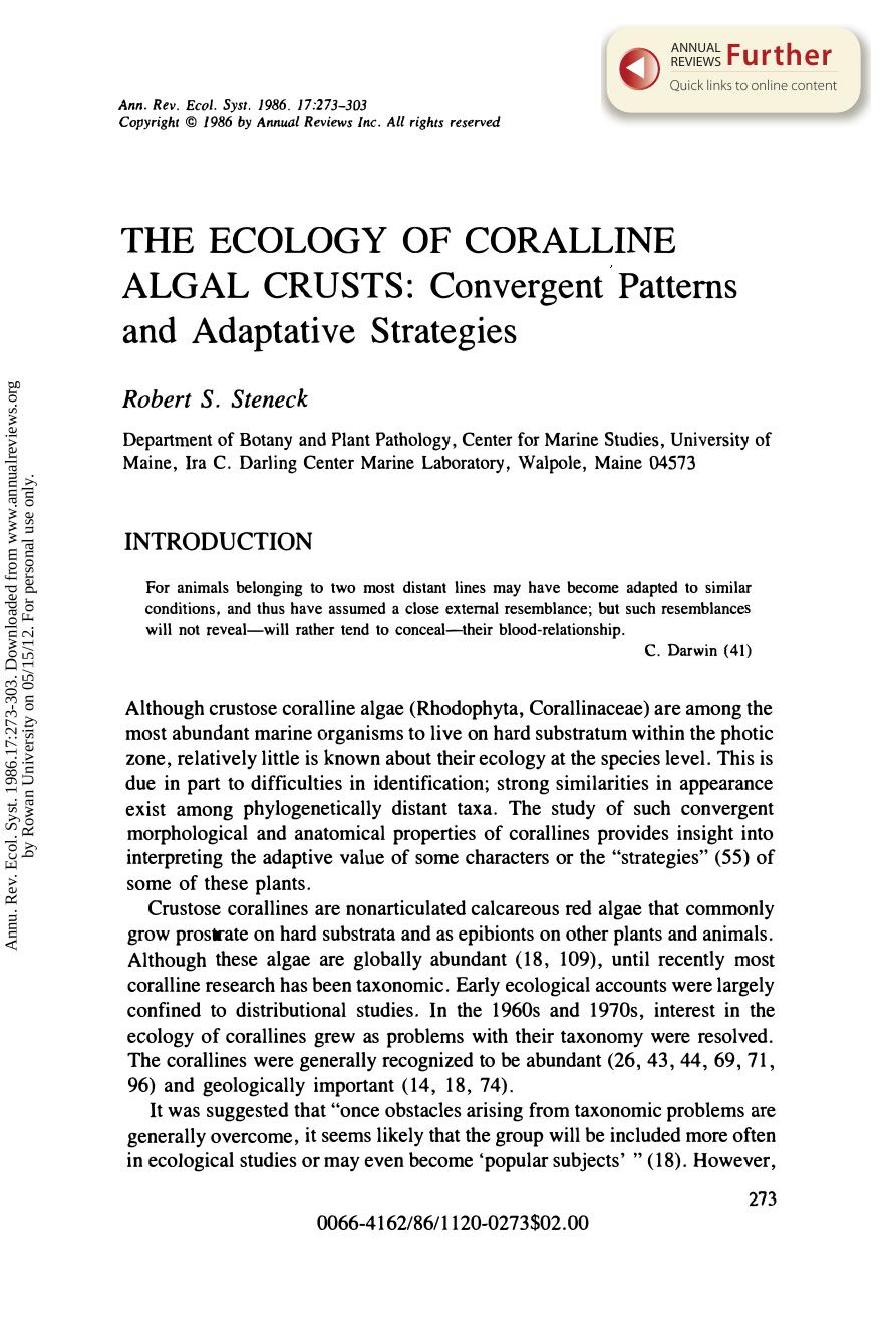 The Ecology of Coralline Algal Crusts: Convergent Patterns and Adaptative Strategies by R S Steneck
