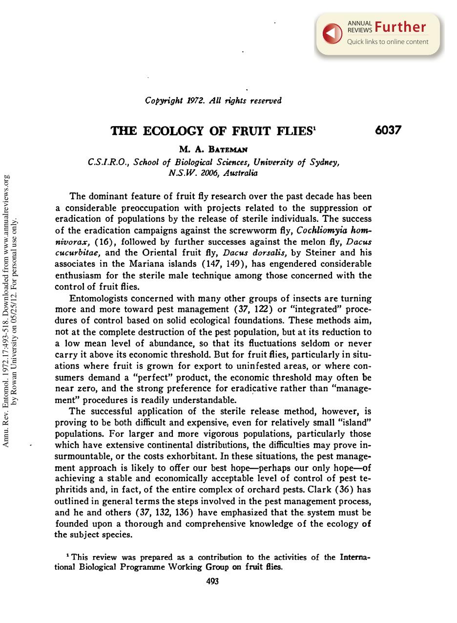 The Ecology of Fruit Flies by M A Bateman