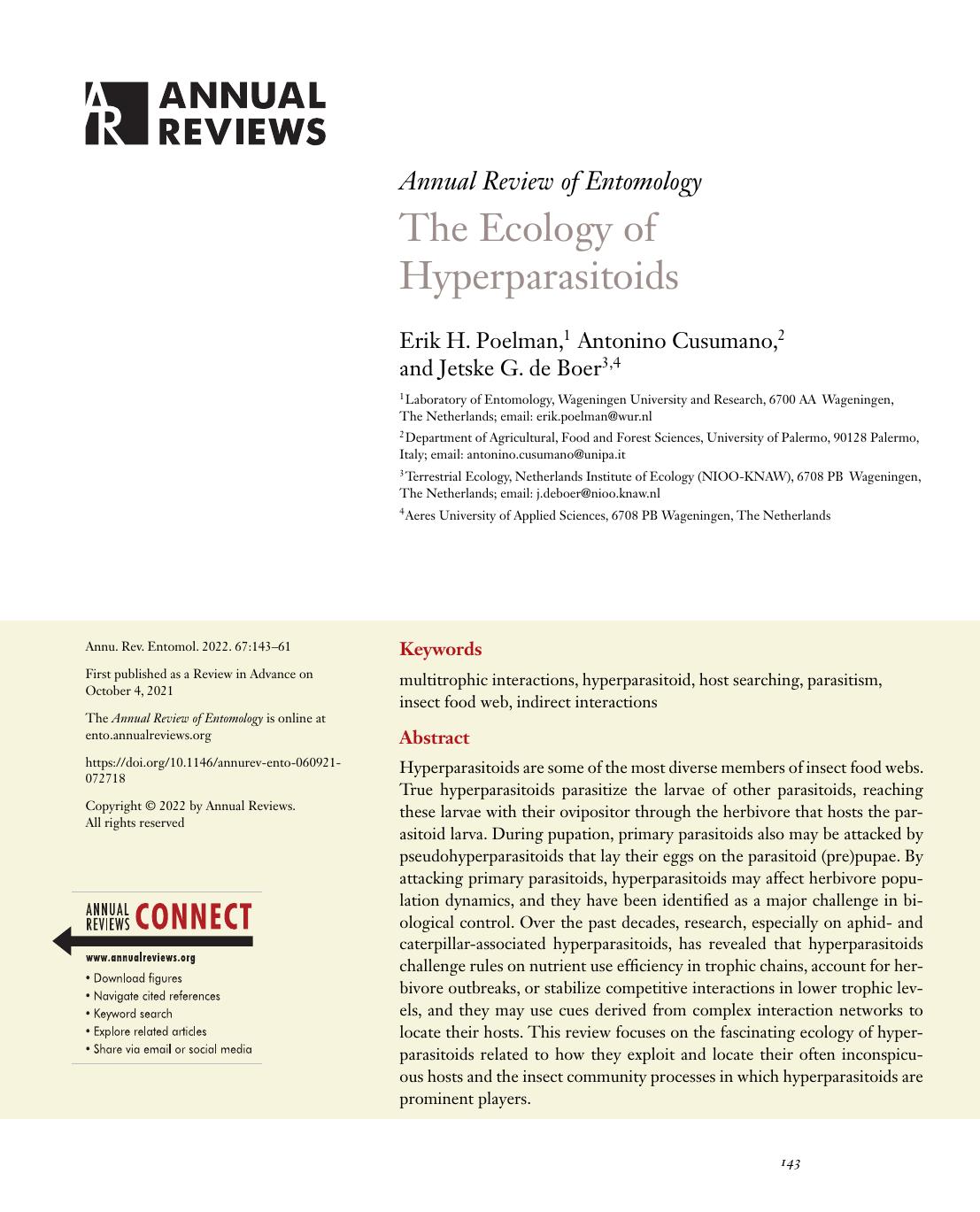 The Ecology of Hyperparasitoids by Erik H. Poelman Antonino Cusumano Jetske G. de Boer
