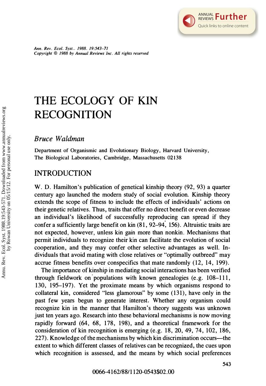 The Ecology of Kin Recognition by B Waldman