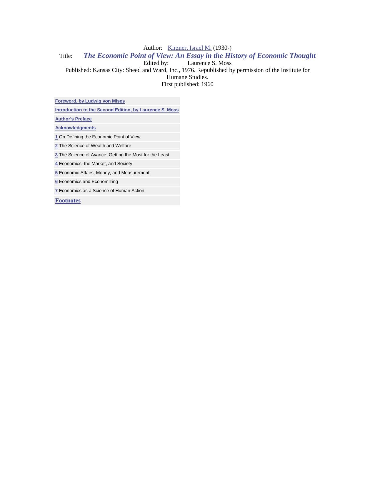 The Economic Point of View: An Essay in the History of Economic Thought by Israel M. Kirzner
