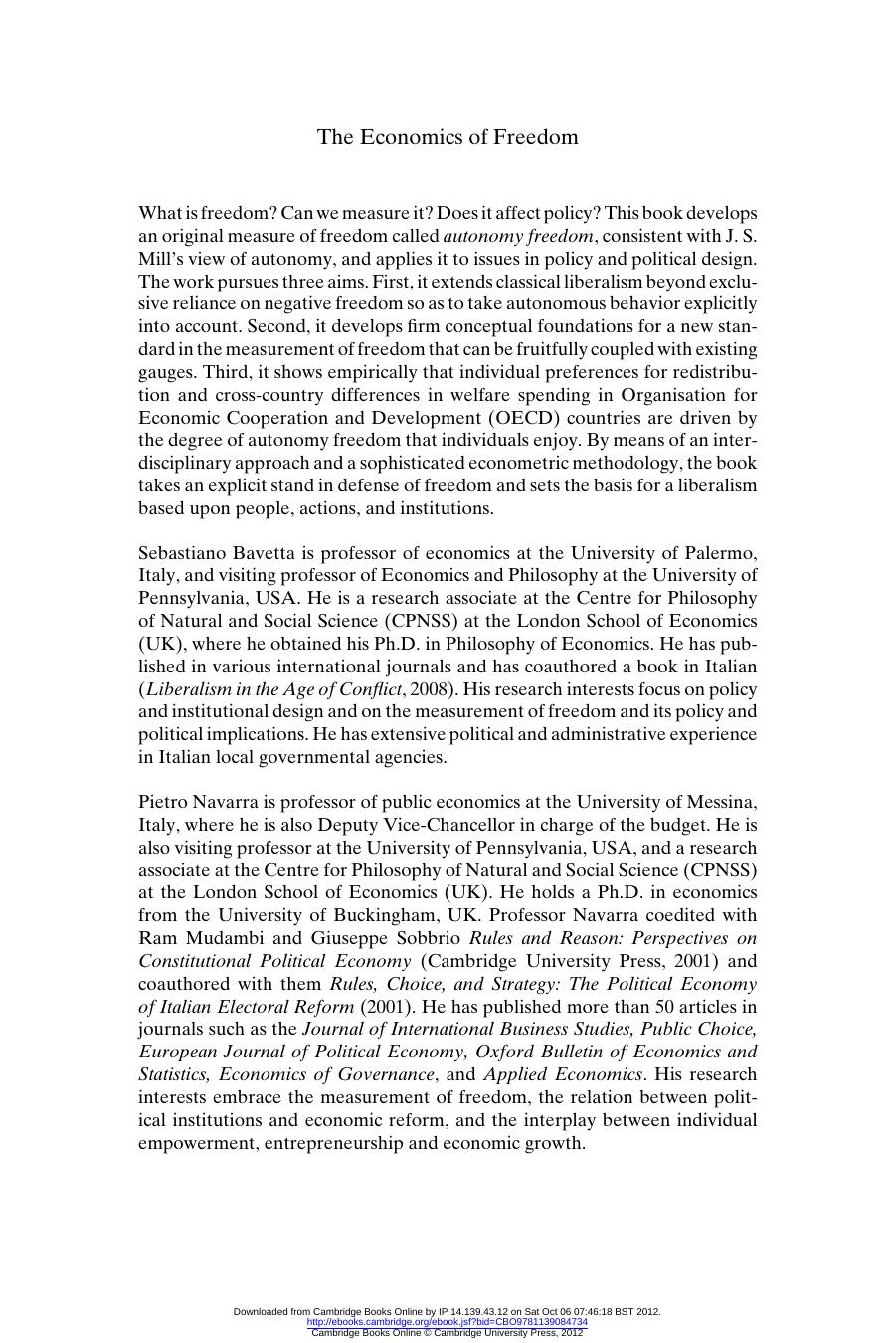 The Economics of Freedom Theory, Measurement, and Policy Implications by SEBASTIANO BAVETTA PIETRO NAVARRA