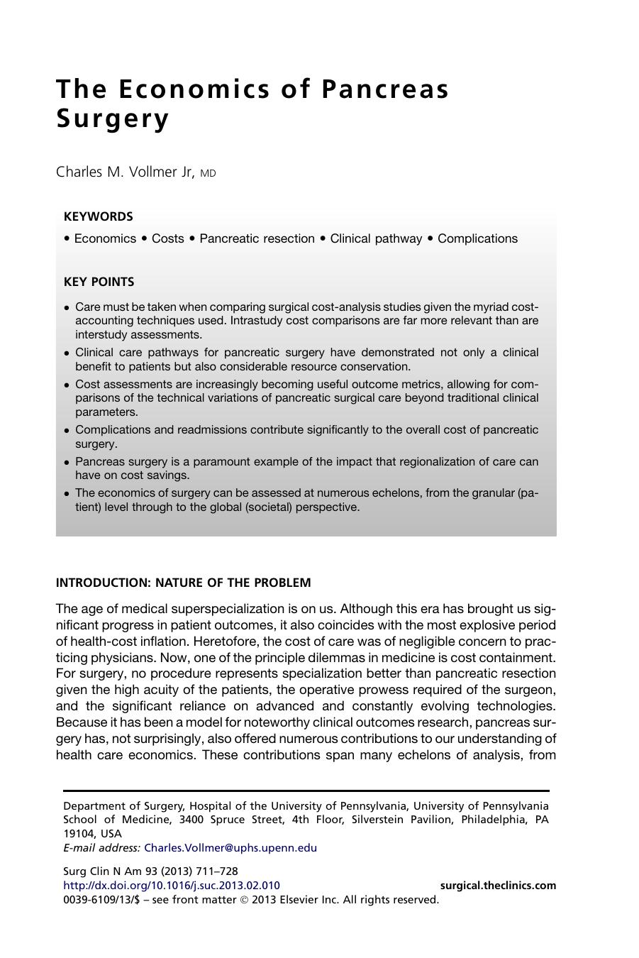 The Economics of Pancreas Surgery by Charles M. Vollmer Jr. MD